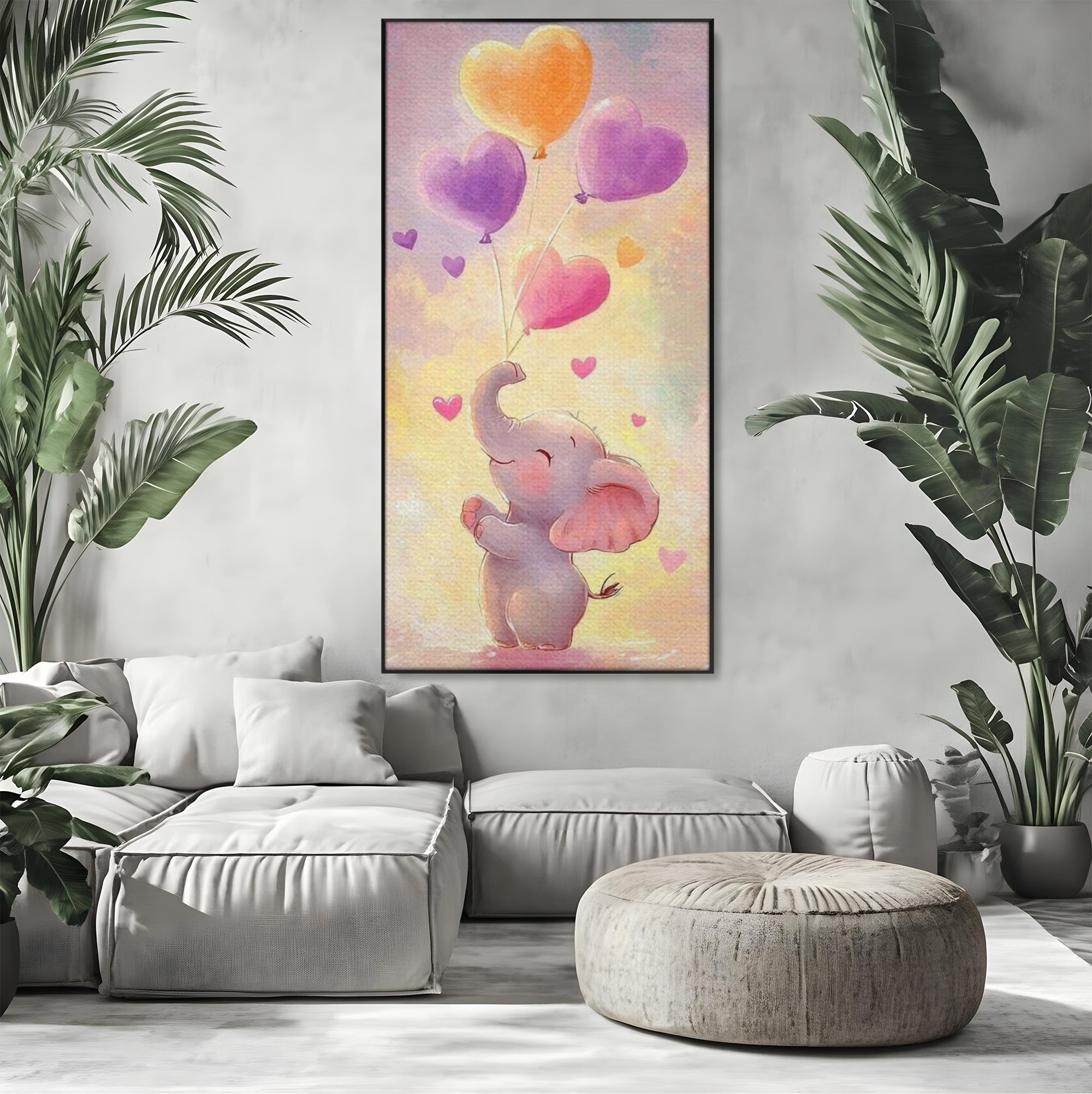 Tablou Canvas Premium, LuxCanva® K1039, Elefantelul Visator, Emotie, Zbor, Inimi, Baloane, Bucurie, Vant, Fericire, Micut, Pui, Iubire, Gingasie, Dulce, Pastel, Magie, Camera Copil, Dormitor