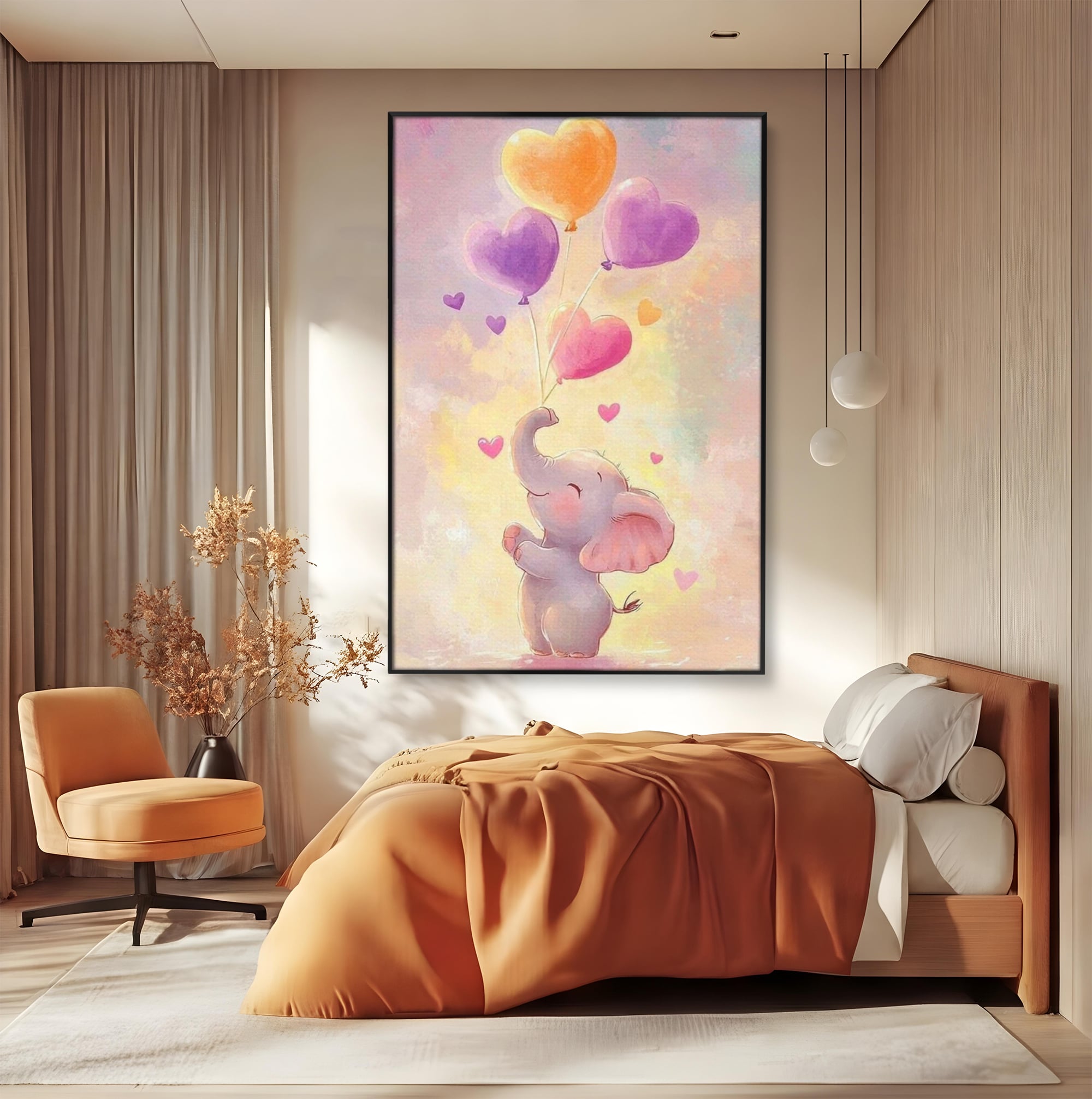 Tablou Canvas Premium, LuxCanva® K1039, Elefantelul Visator, Emotie, Zbor, Inimi, Baloane, Bucurie, Vant, Fericire, Micut, Pui, Iubire, Gingasie, Dulce, Pastel, Magie, Camera Copil, Dormitor