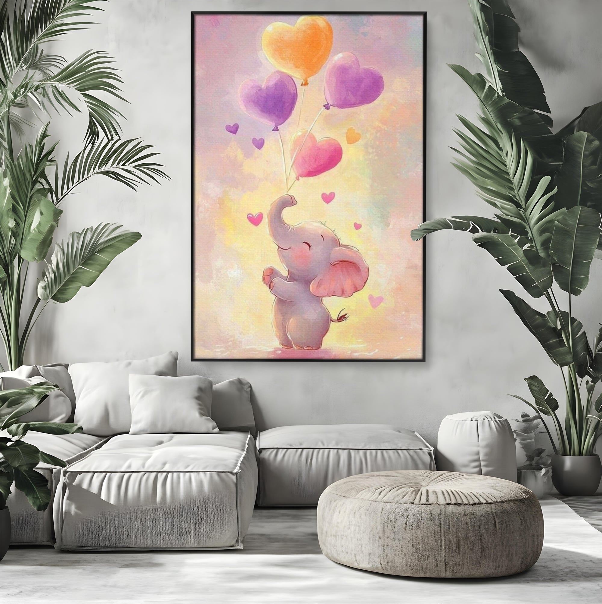Tablou Canvas Premium, LuxCanva® K1039, Elefantelul Visator, Emotie, Zbor, Inimi, Baloane, Bucurie, Vant, Fericire, Micut, Pui, Iubire, Gingasie, Dulce, Pastel, Magie, Camera Copil, Dormitor