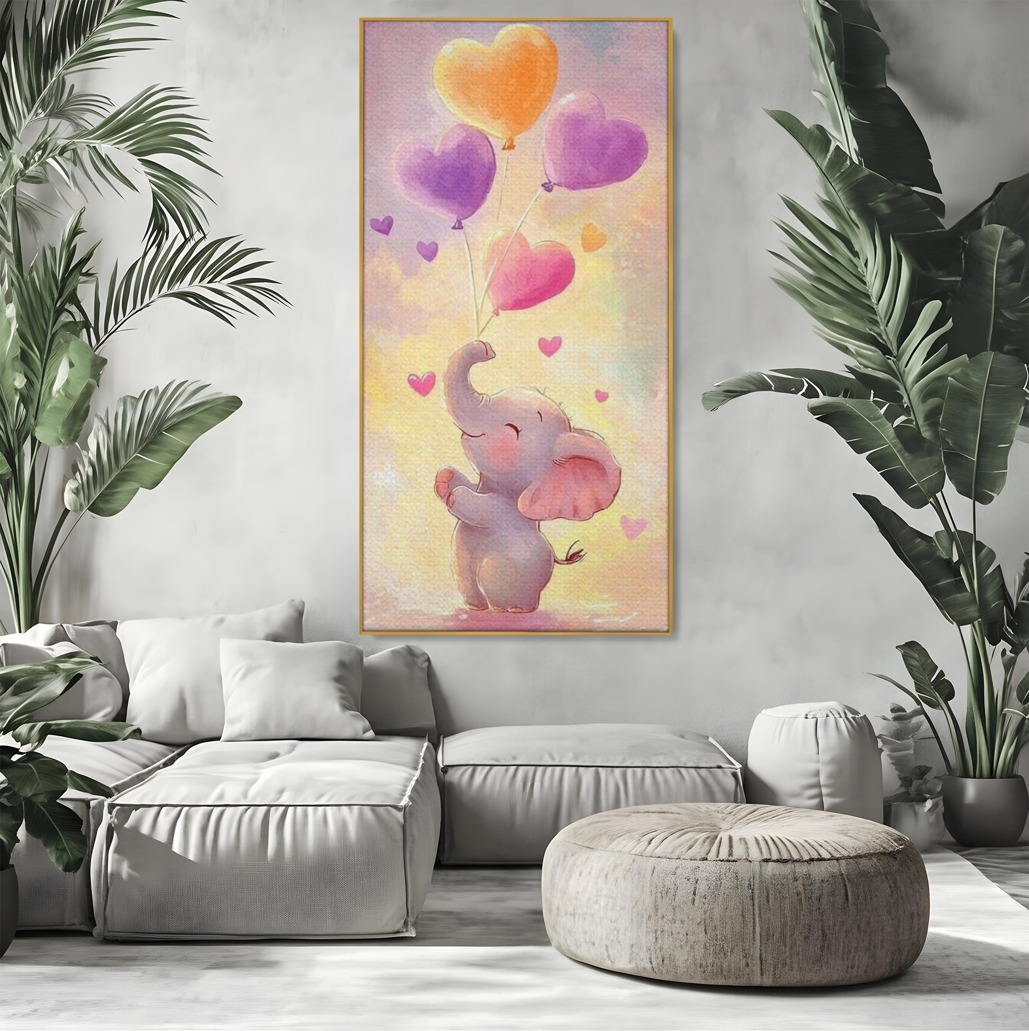 Tablou Canvas Premium, LuxCanva® K1039, Elefantelul Visator, Emotie, Zbor, Inimi, Baloane, Bucurie, Vant, Fericire, Micut, Pui, Iubire, Gingasie, Dulce, Pastel, Magie, Camera Copil, Dormitor