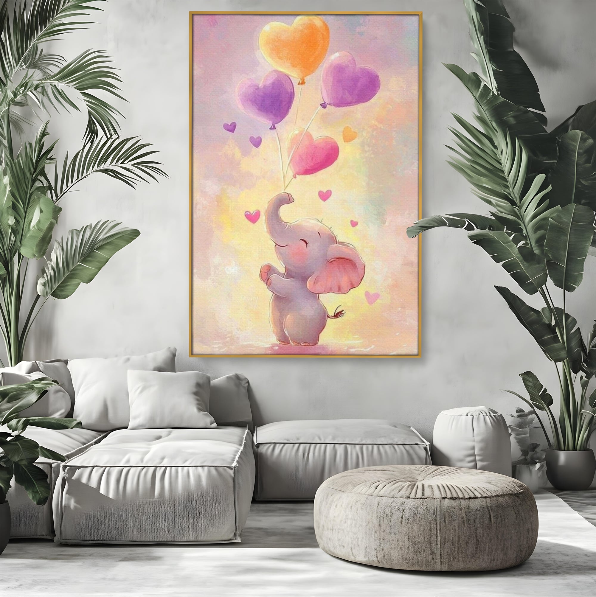 Tablou Canvas Premium, LuxCanva® K1039, Elefantelul Visator, Emotie, Zbor, Inimi, Baloane, Bucurie, Vant, Fericire, Micut, Pui, Iubire, Gingasie, Dulce, Pastel, Magie, Camera Copil, Dormitor