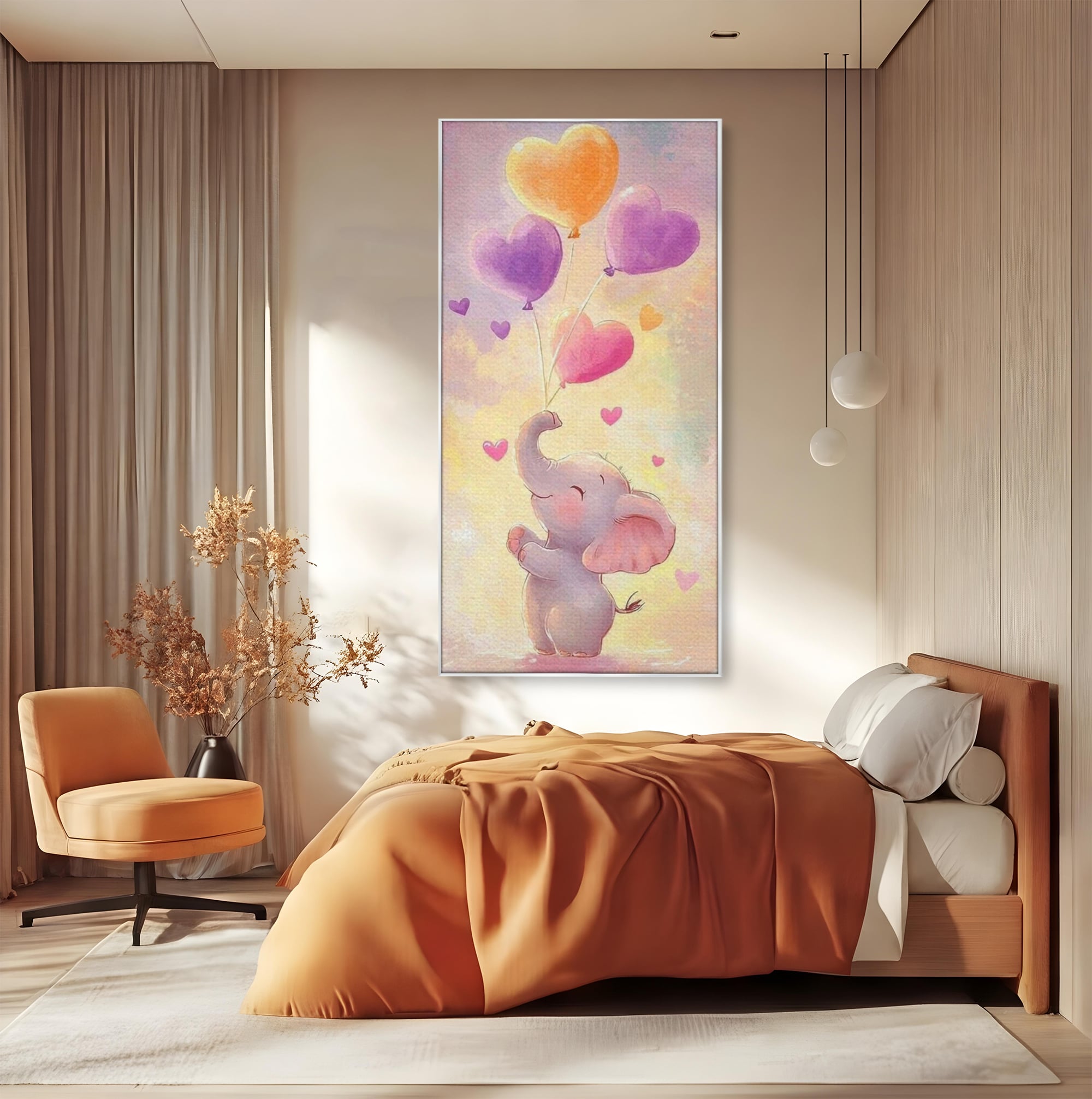 Tablou Canvas Premium, LuxCanva® K1039, Elefantelul Visator, Emotie, Zbor, Inimi, Baloane, Bucurie, Vant, Fericire, Micut, Pui, Iubire, Gingasie, Dulce, Pastel, Magie, Camera Copil, Dormitor