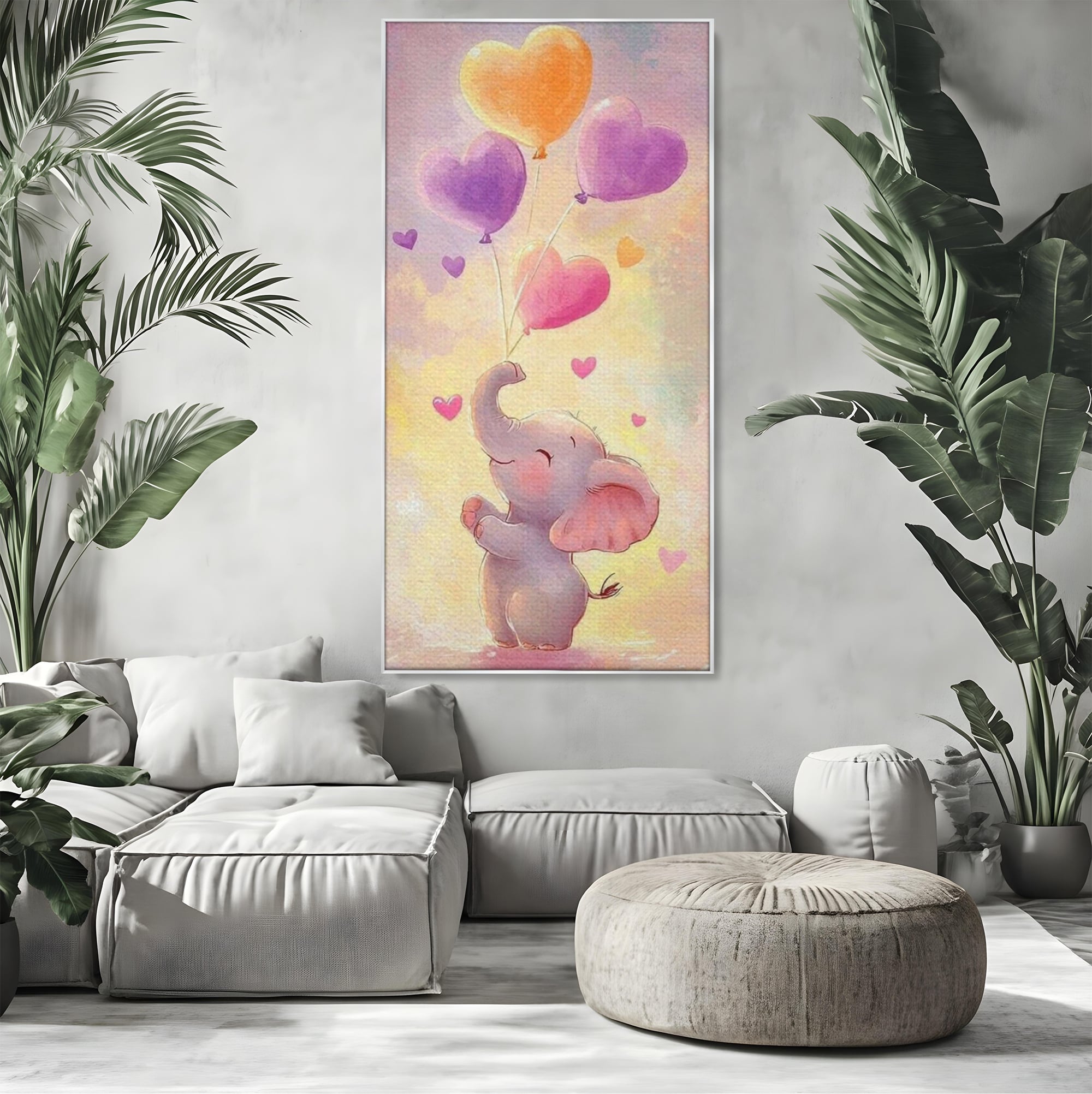 Tablou Canvas Premium, LuxCanva® K1039, Elefantelul Visator, Emotie, Zbor, Inimi, Baloane, Bucurie, Vant, Fericire, Micut, Pui, Iubire, Gingasie, Dulce, Pastel, Magie, Camera Copil, Dormitor