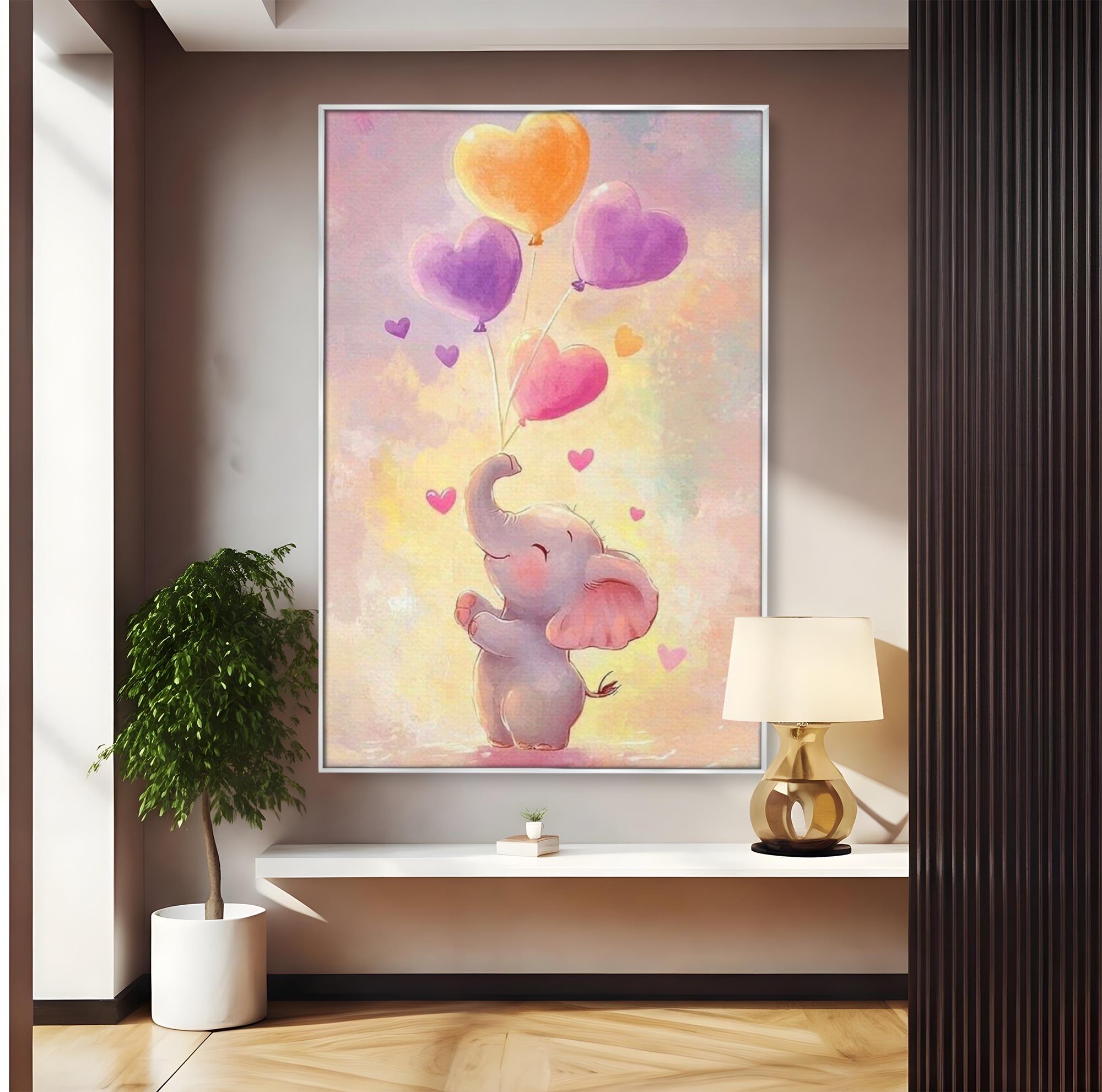 Tablou Canvas Premium, LuxCanva® K1039, Elefantelul Visator, Emotie, Zbor, Inimi, Baloane, Bucurie, Vant, Fericire, Micut, Pui, Iubire, Gingasie, Dulce, Pastel, Magie, Camera Copil, Dormitor
