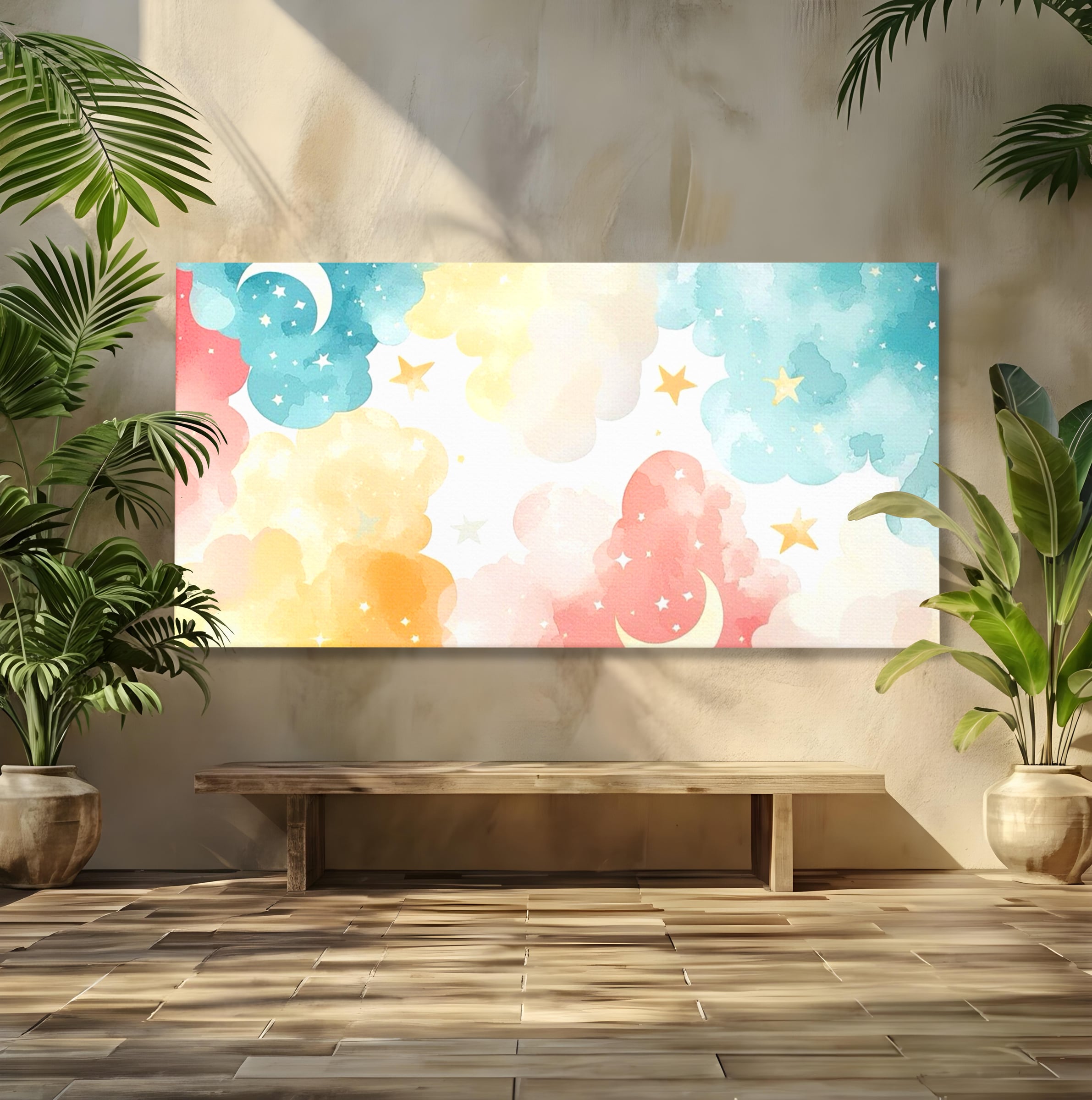 Tablou Canvas Premium, LuxCanva® K1040, Norii Care Canta Stele, Somn, Usor, Vise, Pastel, Cer, Curcubeu, Ploaie, Pufos, Magie, Luna, Fantezie, Taram, Basm, Frumusete, Camera Copil, Dormitor