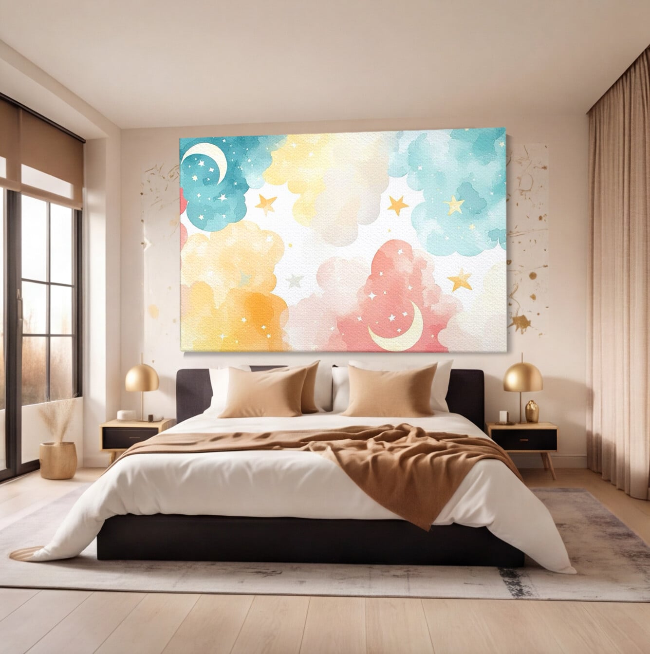 Tablou Canvas Premium, LuxCanva® K1040, Norii Care Canta Stele, Somn, Usor, Vise, Pastel, Cer, Curcubeu, Ploaie, Pufos, Magie, Luna, Fantezie, Taram, Basm, Frumusete, Camera Copil, Dormitor