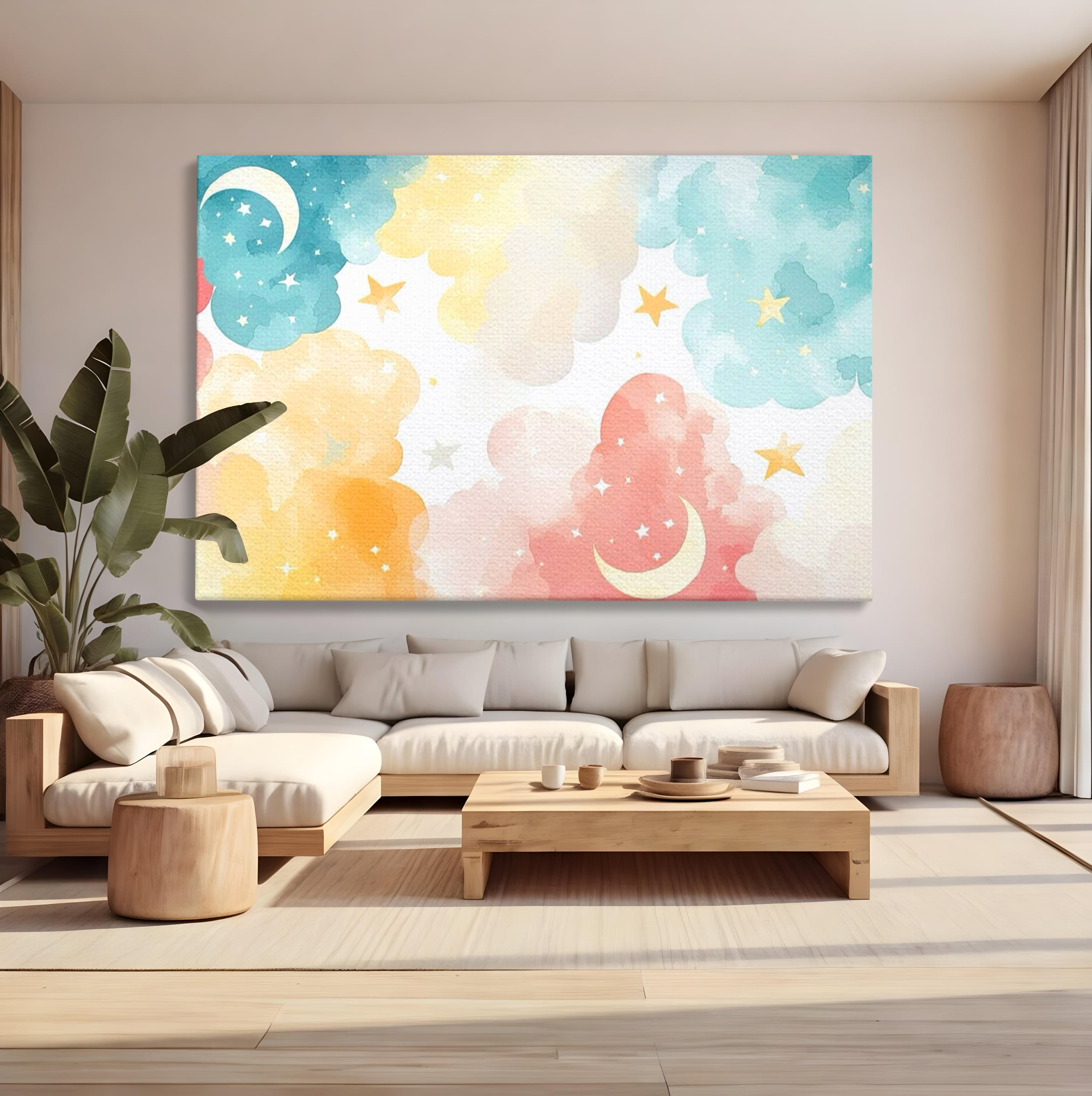 Tablou Canvas Premium, LuxCanva® K1040, Norii Care Canta Stele, Somn, Usor, Vise, Pastel, Cer, Curcubeu, Ploaie, Pufos, Magie, Luna, Fantezie, Taram, Basm, Frumusete, Camera Copil, Dormitor