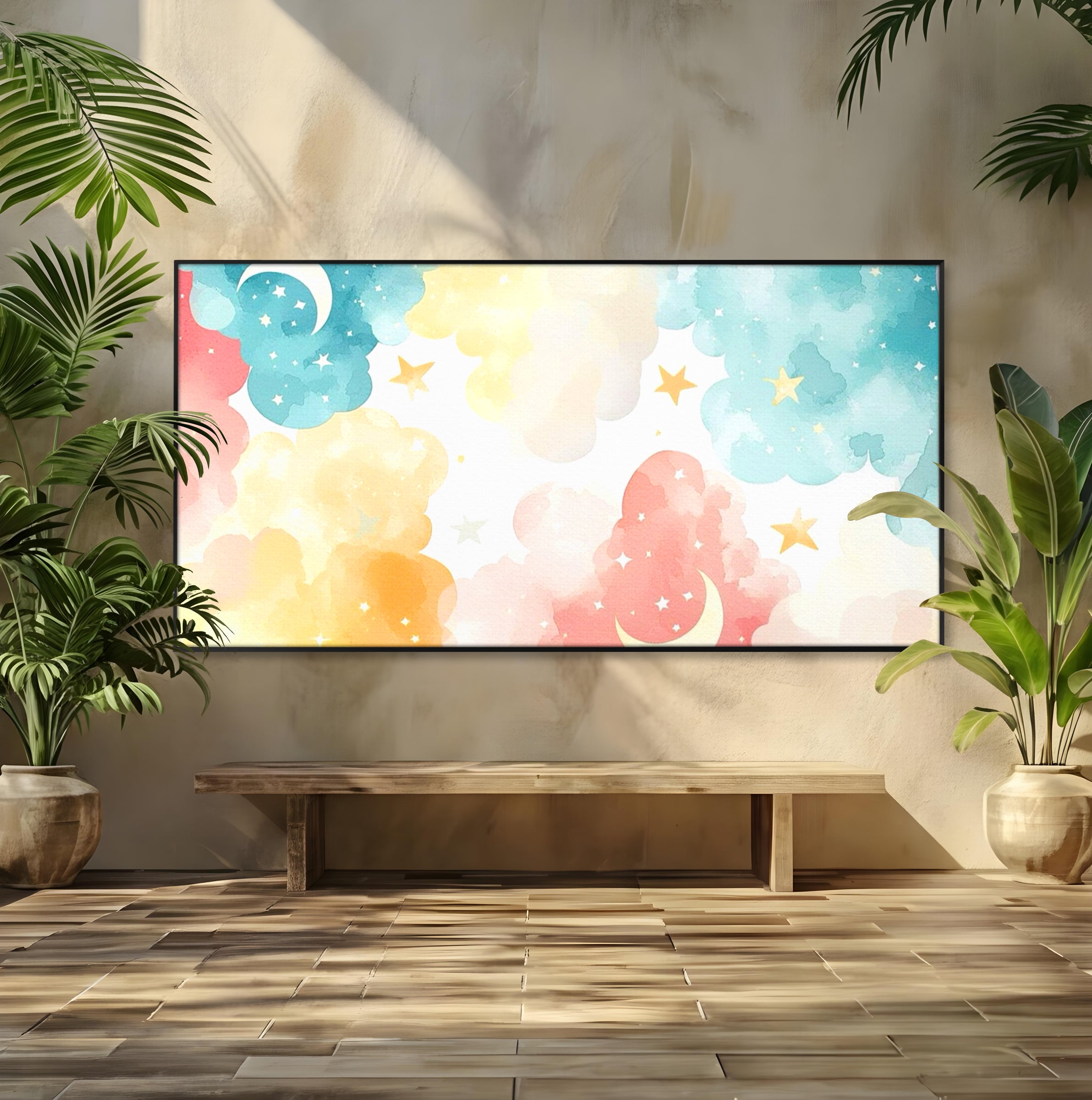 Tablou Canvas Premium, LuxCanva® K1040, Norii Care Canta Stele, Somn, Usor, Vise, Pastel, Cer, Curcubeu, Ploaie, Pufos, Magie, Luna, Fantezie, Taram, Basm, Frumusete, Camera Copil, Dormitor