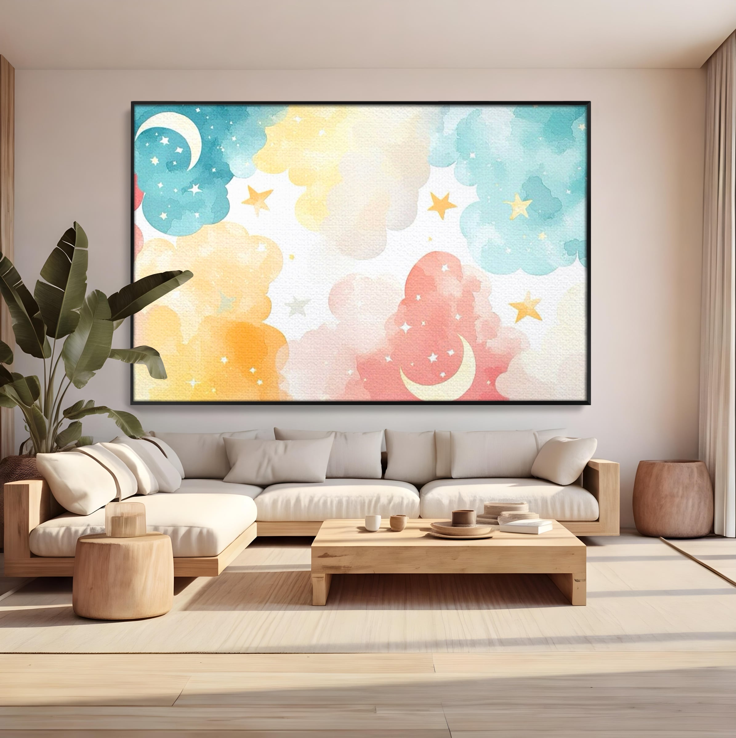 Tablou Canvas Premium, LuxCanva® K1040, Norii Care Canta Stele, Somn, Usor, Vise, Pastel, Cer, Curcubeu, Ploaie, Pufos, Magie, Luna, Fantezie, Taram, Basm, Frumusete, Camera Copil, Dormitor