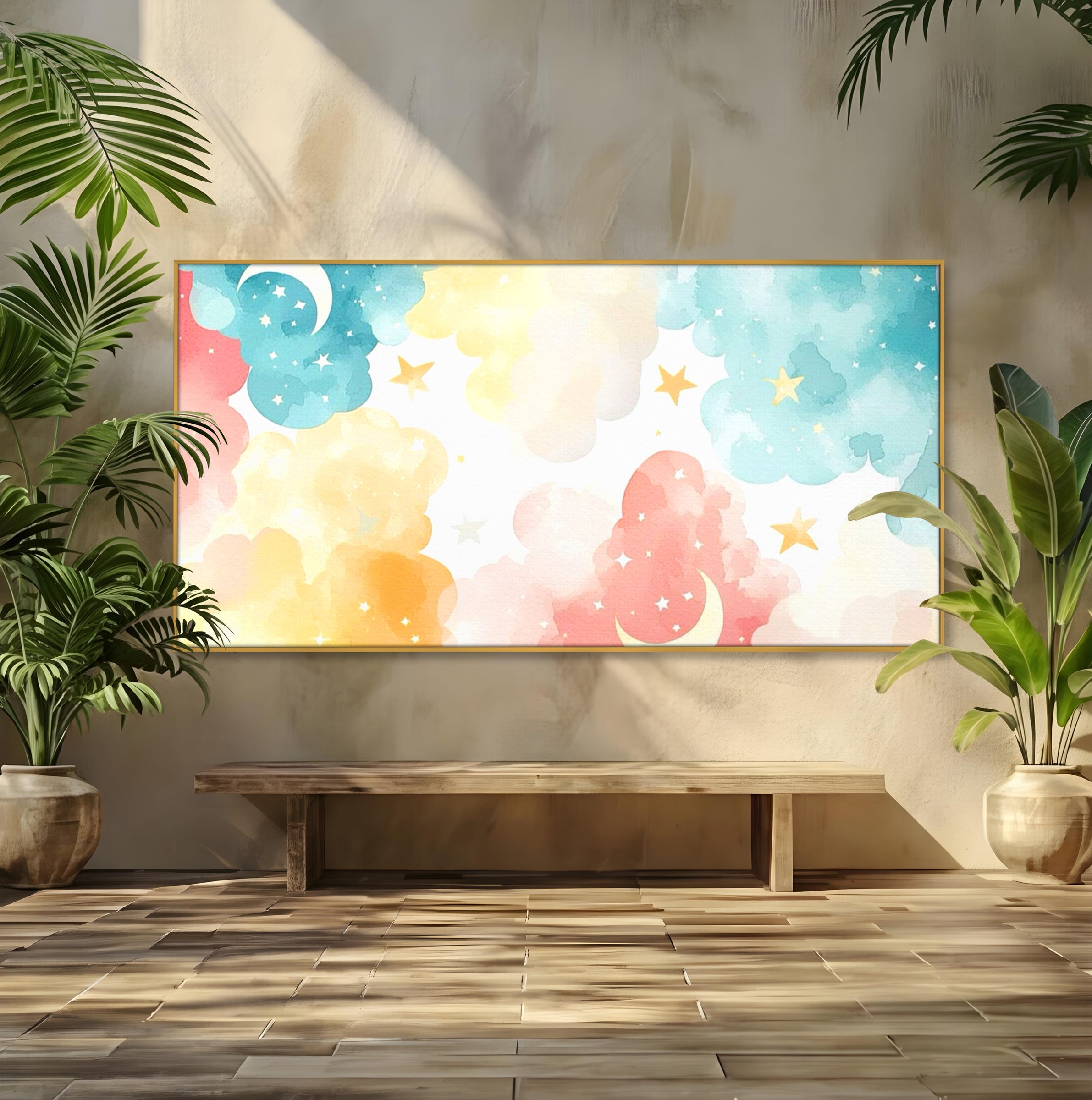 Tablou Canvas Premium, LuxCanva® K1040, Norii Care Canta Stele, Somn, Usor, Vise, Pastel, Cer, Curcubeu, Ploaie, Pufos, Magie, Luna, Fantezie, Taram, Basm, Frumusete, Camera Copil, Dormitor