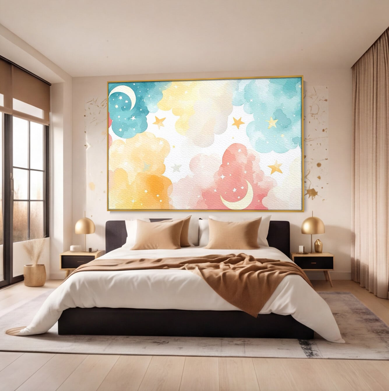 Tablou Canvas Premium, LuxCanva® K1040, Norii Care Canta Stele, Somn, Usor, Vise, Pastel, Cer, Curcubeu, Ploaie, Pufos, Magie, Luna, Fantezie, Taram, Basm, Frumusete, Camera Copil, Dormitor