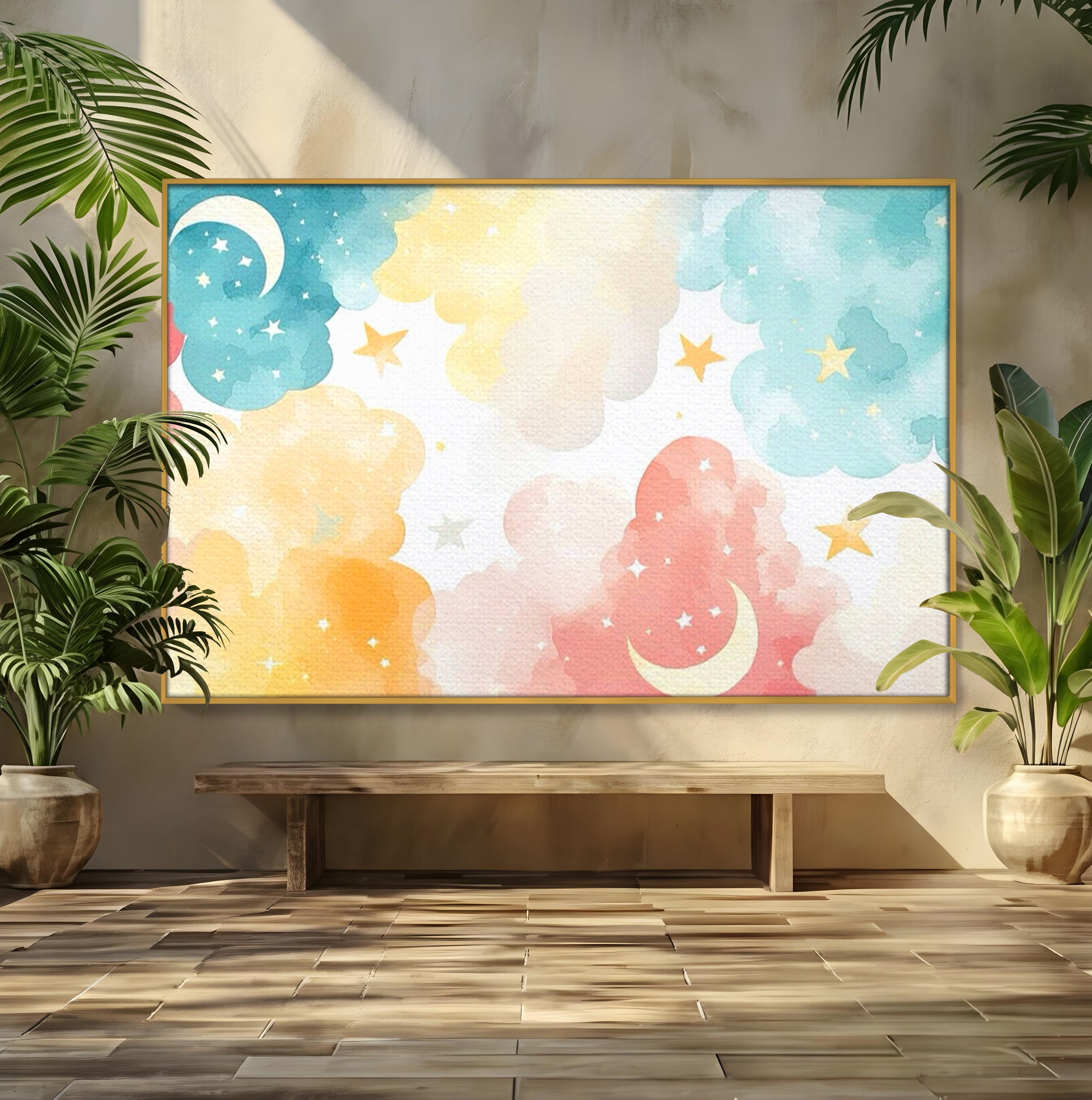 Tablou Canvas Premium, LuxCanva® K1040, Norii Care Canta Stele, Somn, Usor, Vise, Pastel, Cer, Curcubeu, Ploaie, Pufos, Magie, Luna, Fantezie, Taram, Basm, Frumusete, Camera Copil, Dormitor