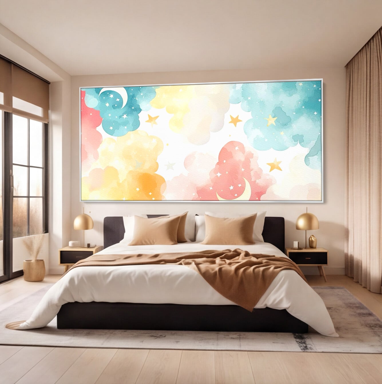 Tablou Canvas Premium, LuxCanva® K1040, Norii Care Canta Stele, Somn, Usor, Vise, Pastel, Cer, Curcubeu, Ploaie, Pufos, Magie, Luna, Fantezie, Taram, Basm, Frumusete, Camera Copil, Dormitor