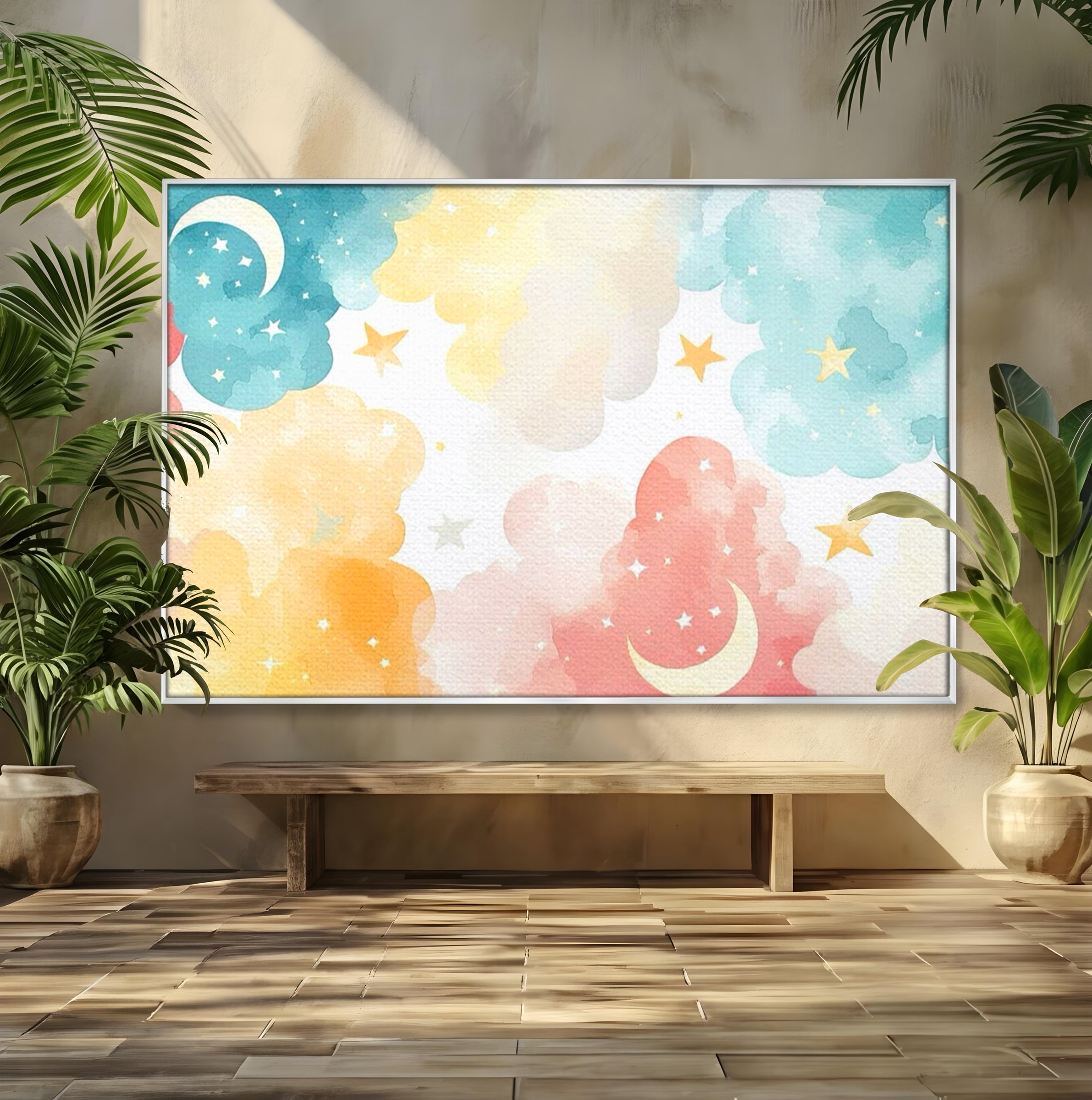 Tablou Canvas Premium, LuxCanva® K1040, Norii Care Canta Stele, Somn, Usor, Vise, Pastel, Cer, Curcubeu, Ploaie, Pufos, Magie, Luna, Fantezie, Taram, Basm, Frumusete, Camera Copil, Dormitor