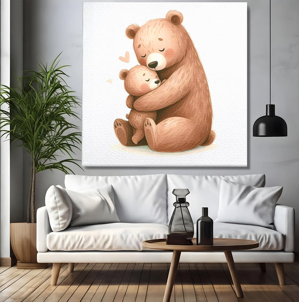 Tablou Canvas Premium, LuxCanva® K1041, Imbratisarea Care Vindeca, Mama, Urs, Pui, Dragoste, Caldura, Neinlocuit, Brate, Siguranta, Acasa, Familie, Blanita, Moment, Camera Copil, Dormitor