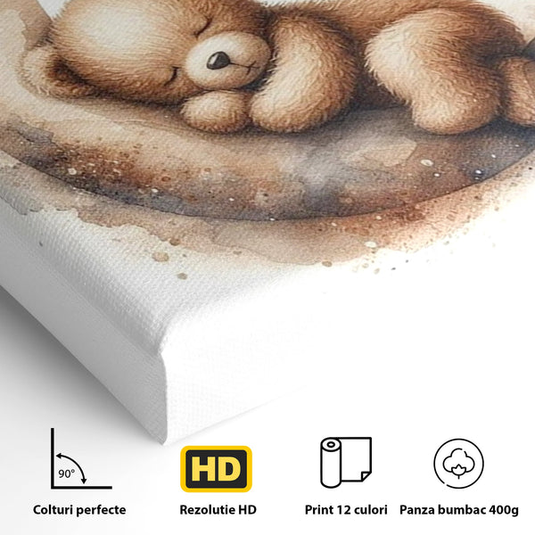 Tablou Canvas Premium, LuxCanva® K1042, Somn in Bratele Lunii, Ursulet, Somnoros, Vise, Luna, Noapte, Stele, Leganat, Cuib, Semiluna, Pace, Liniste, Taram, Confort, Camera Copil, Dormitor