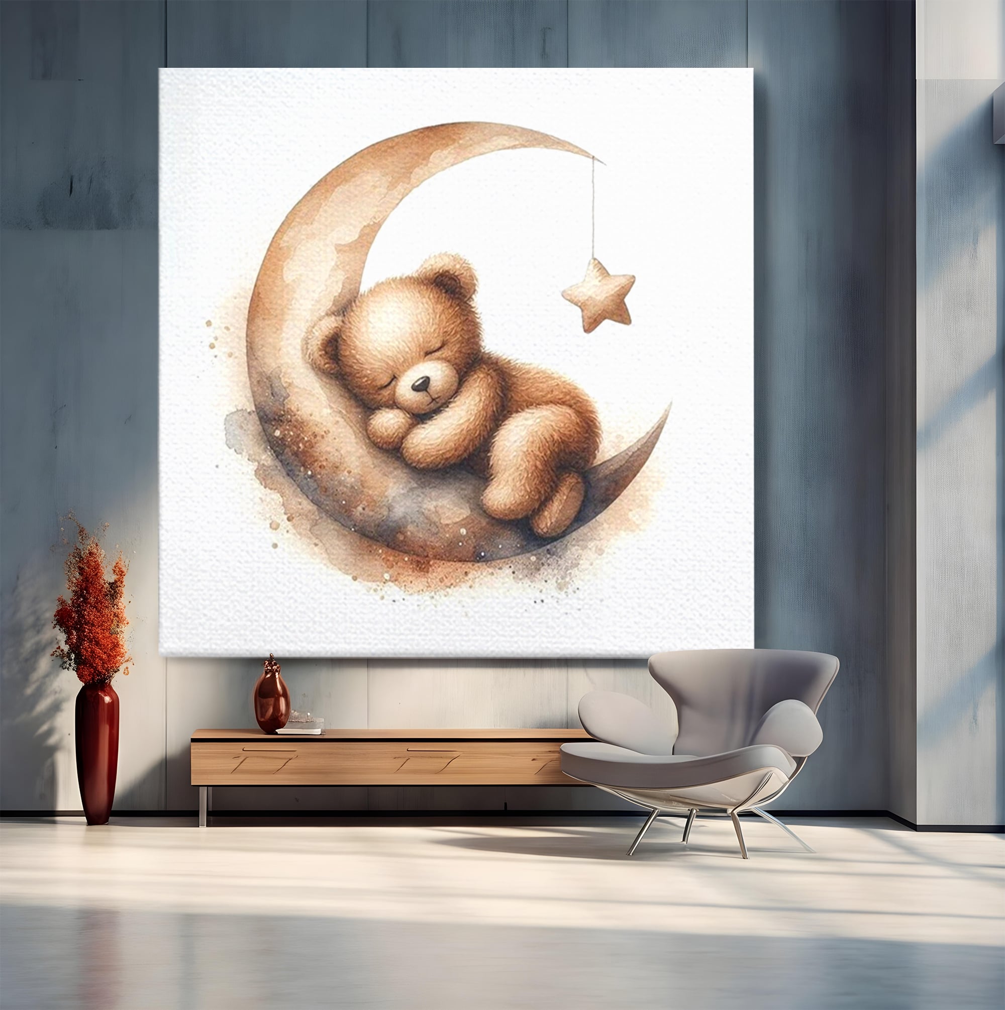 Tablou Canvas Premium, LuxCanva® K1042, Somn in Bratele Lunii, Ursulet, Somnoros, Vise, Luna, Noapte, Stele, Leganat, Cuib, Semiluna, Pace, Liniste, Taram, Confort, Camera Copil, Dormitor