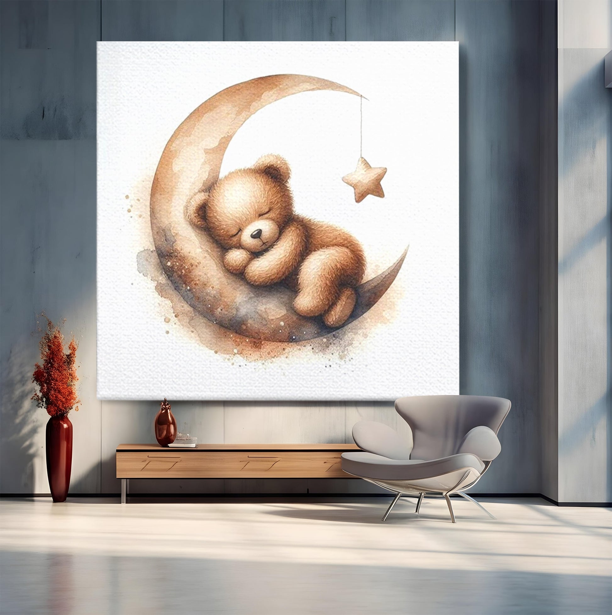 Tablou Canvas Premium, LuxCanva® K1042, Somn in Bratele Lunii, Ursulet, Somnoros, Vise, Luna, Noapte, Stele, Leganat, Cuib, Semiluna, Pace, Liniste, Taram, Confort, Camera Copil, Dormitor