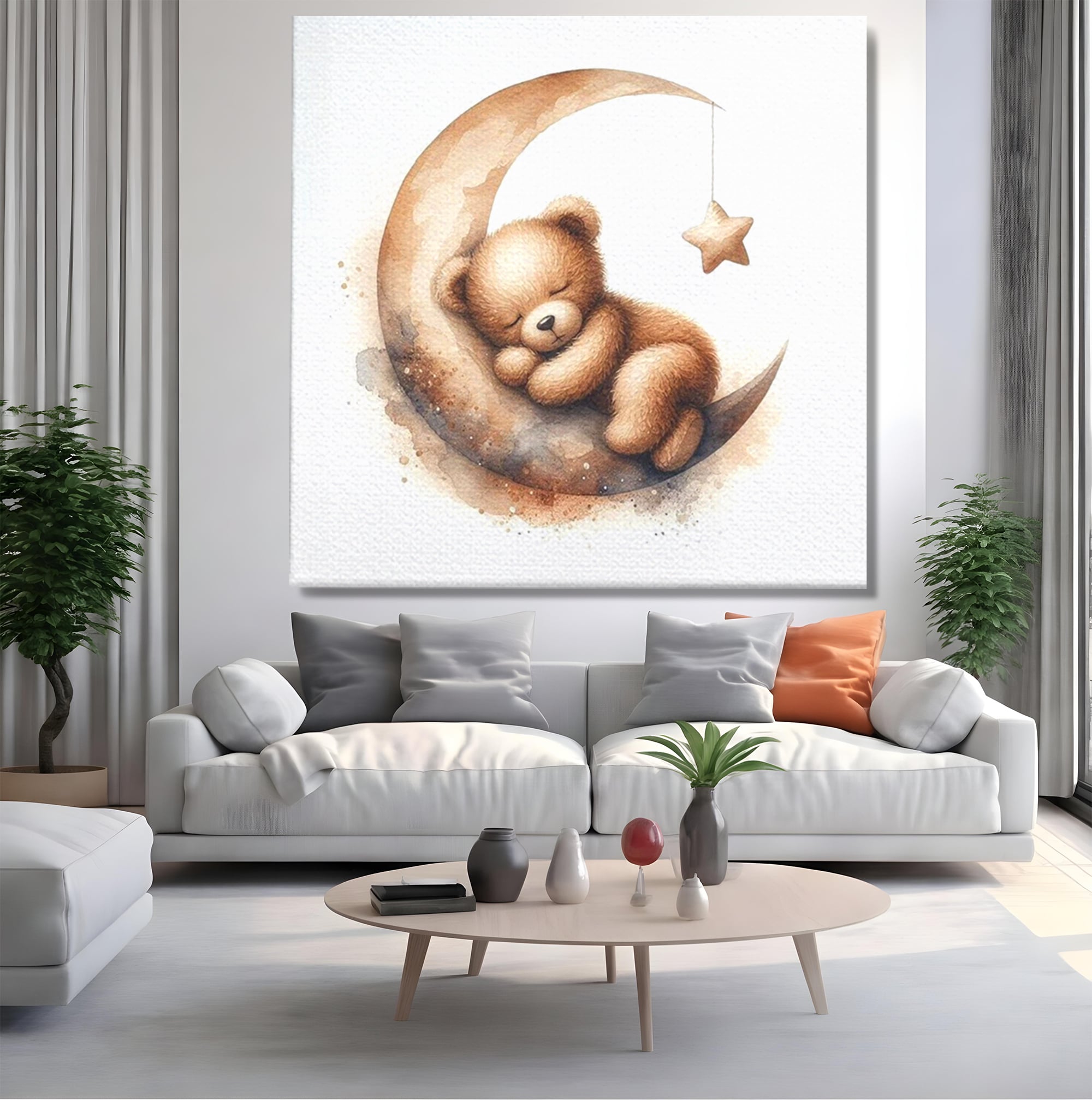 Tablou Canvas Premium, LuxCanva® K1042, Somn in Bratele Lunii, Ursulet, Somnoros, Vise, Luna, Noapte, Stele, Leganat, Cuib, Semiluna, Pace, Liniste, Taram, Confort, Camera Copil, Dormitor