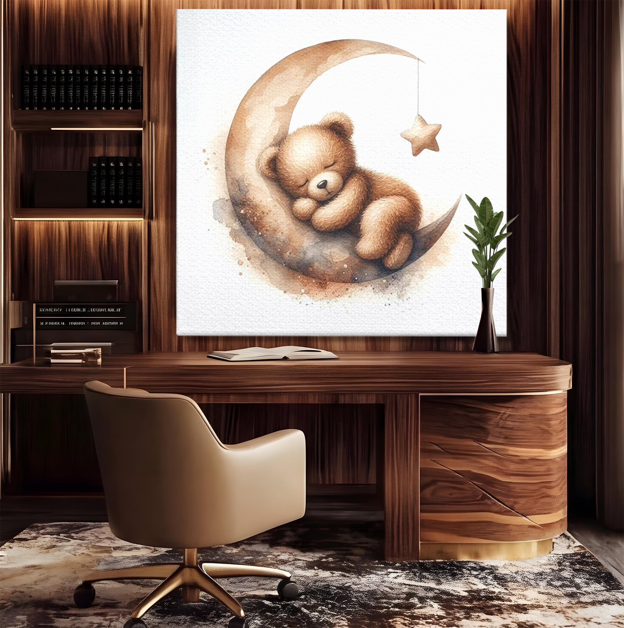 Tablou Canvas Premium, LuxCanva® K1042, Somn in Bratele Lunii, Ursulet, Somnoros, Vise, Luna, Noapte, Stele, Leganat, Cuib, Semiluna, Pace, Liniste, Taram, Confort, Camera Copil, Dormitor