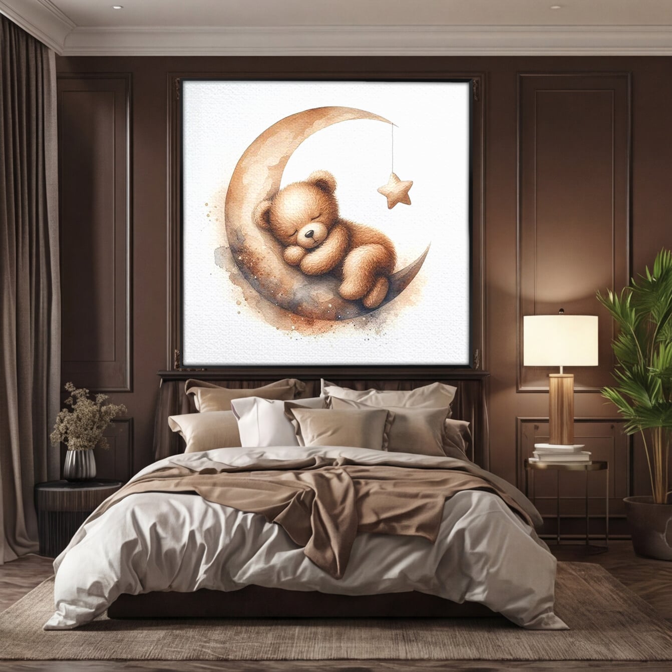 Tablou Canvas Premium, LuxCanva® K1042, Somn in Bratele Lunii, Ursulet, Somnoros, Vise, Luna, Noapte, Stele, Leganat, Cuib, Semiluna, Pace, Liniste, Taram, Confort, Camera Copil, Dormitor