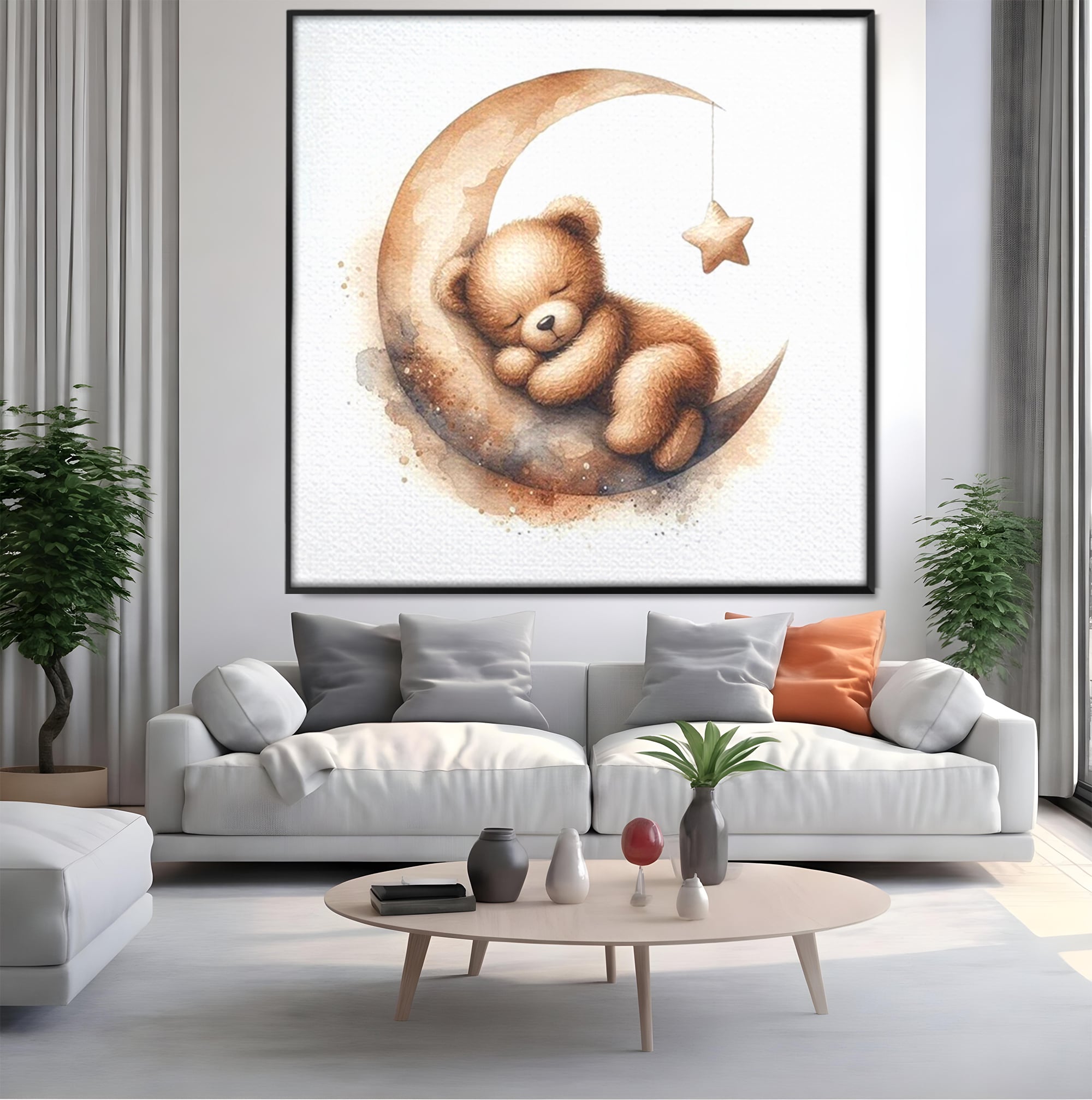 Tablou Canvas Premium, LuxCanva® K1042, Somn in Bratele Lunii, Ursulet, Somnoros, Vise, Luna, Noapte, Stele, Leganat, Cuib, Semiluna, Pace, Liniste, Taram, Confort, Camera Copil, Dormitor