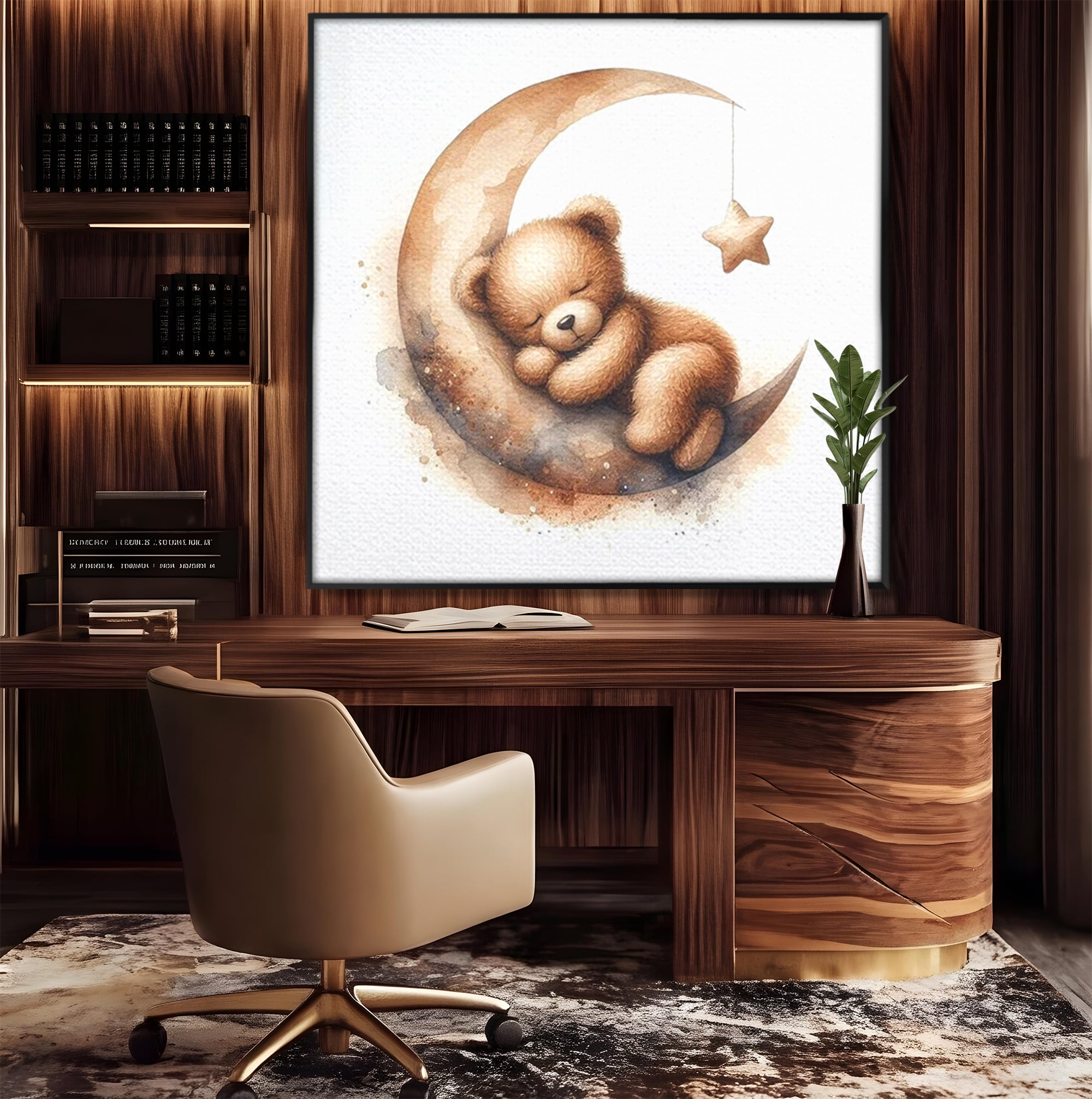 Tablou Canvas Premium, LuxCanva® K1042, Somn in Bratele Lunii, Ursulet, Somnoros, Vise, Luna, Noapte, Stele, Leganat, Cuib, Semiluna, Pace, Liniste, Taram, Confort, Camera Copil, Dormitor