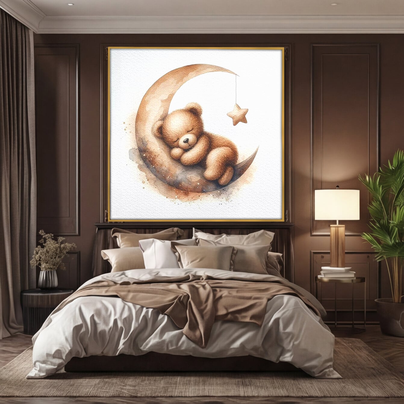 Tablou Canvas Premium, LuxCanva® K1042, Somn in Bratele Lunii, Ursulet, Somnoros, Vise, Luna, Noapte, Stele, Leganat, Cuib, Semiluna, Pace, Liniste, Taram, Confort, Camera Copil, Dormitor