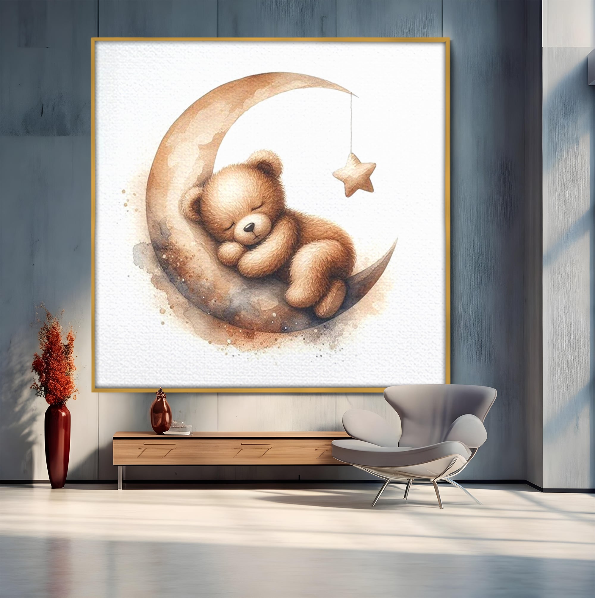 Tablou Canvas Premium, LuxCanva® K1042, Somn in Bratele Lunii, Ursulet, Somnoros, Vise, Luna, Noapte, Stele, Leganat, Cuib, Semiluna, Pace, Liniste, Taram, Confort, Camera Copil, Dormitor