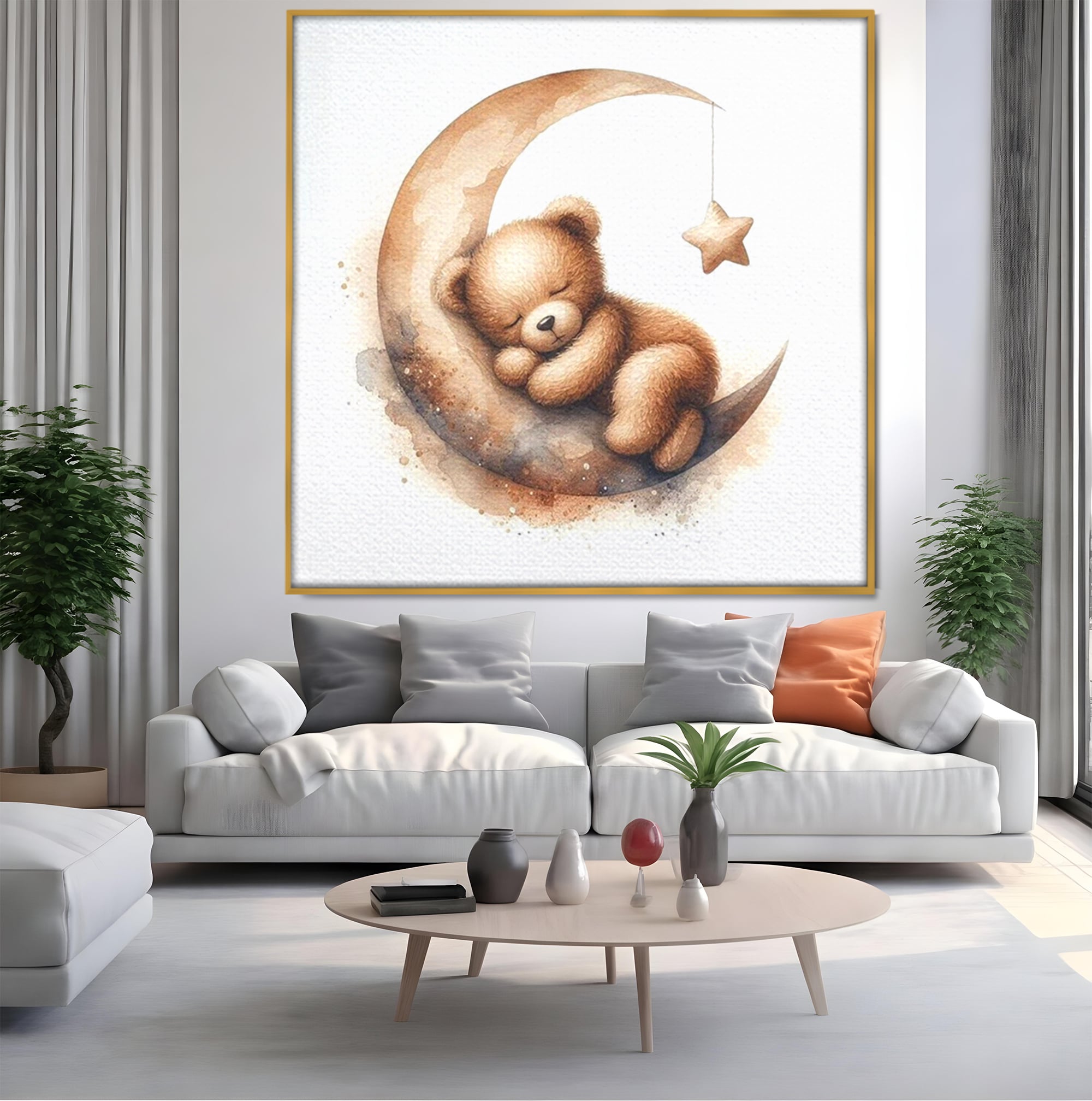 Tablou Canvas Premium, LuxCanva® K1042, Somn in Bratele Lunii, Ursulet, Somnoros, Vise, Luna, Noapte, Stele, Leganat, Cuib, Semiluna, Pace, Liniste, Taram, Confort, Camera Copil, Dormitor