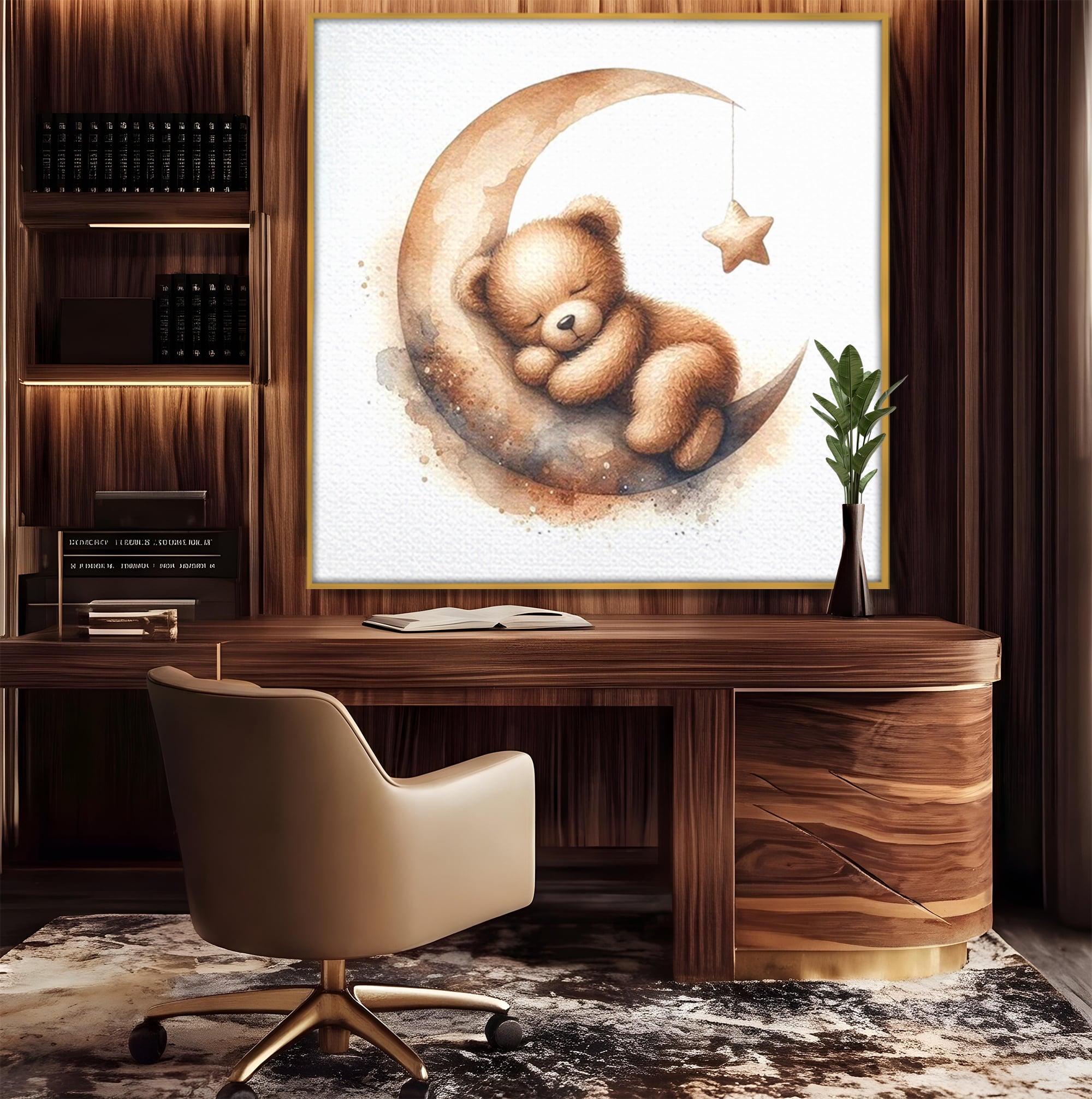 Tablou Canvas Premium, LuxCanva® K1042, Somn in Bratele Lunii, Ursulet, Somnoros, Vise, Luna, Noapte, Stele, Leganat, Cuib, Semiluna, Pace, Liniste, Taram, Confort, Camera Copil, Dormitor