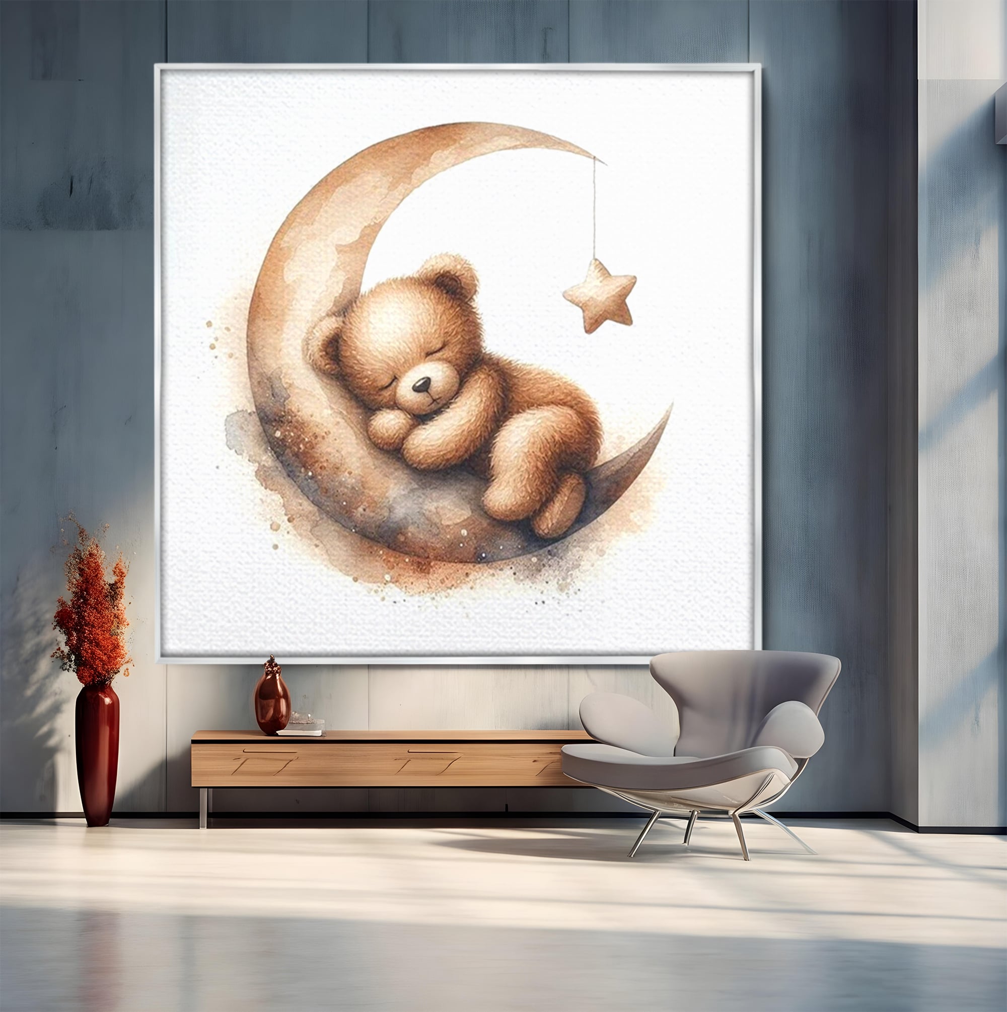 Tablou Canvas Premium, LuxCanva® K1042, Somn in Bratele Lunii, Ursulet, Somnoros, Vise, Luna, Noapte, Stele, Leganat, Cuib, Semiluna, Pace, Liniste, Taram, Confort, Camera Copil, Dormitor