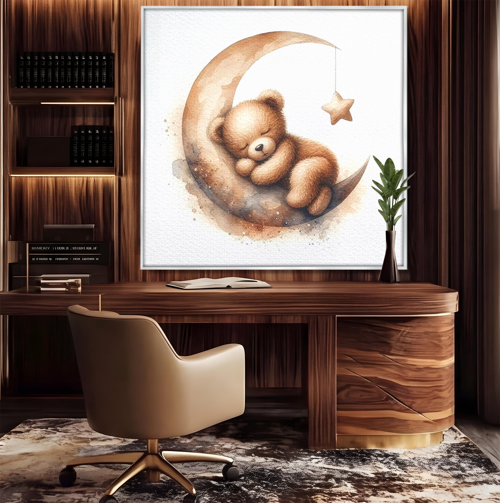 Tablou Canvas Premium, LuxCanva® K1042, Somn in Bratele Lunii, Ursulet, Somnoros, Vise, Luna, Noapte, Stele, Leganat, Cuib, Semiluna, Pace, Liniste, Taram, Confort, Camera Copil, Dormitor