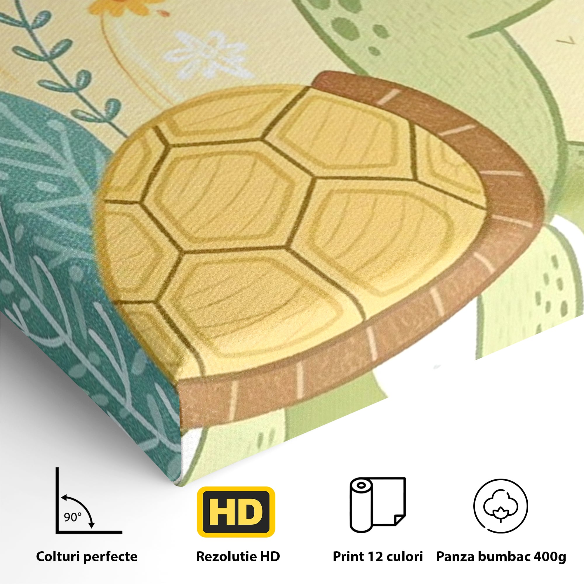 Tablou Canvas Premium, LuxCanva® K1043, Zambet din Carapace, Testoasa, Broasca, Gradina, Aventura, Soare, Curaj, Plimbare, Inimi, Flori, Copilaresc, Natura, Colorat, Camera Copil, Dormitor