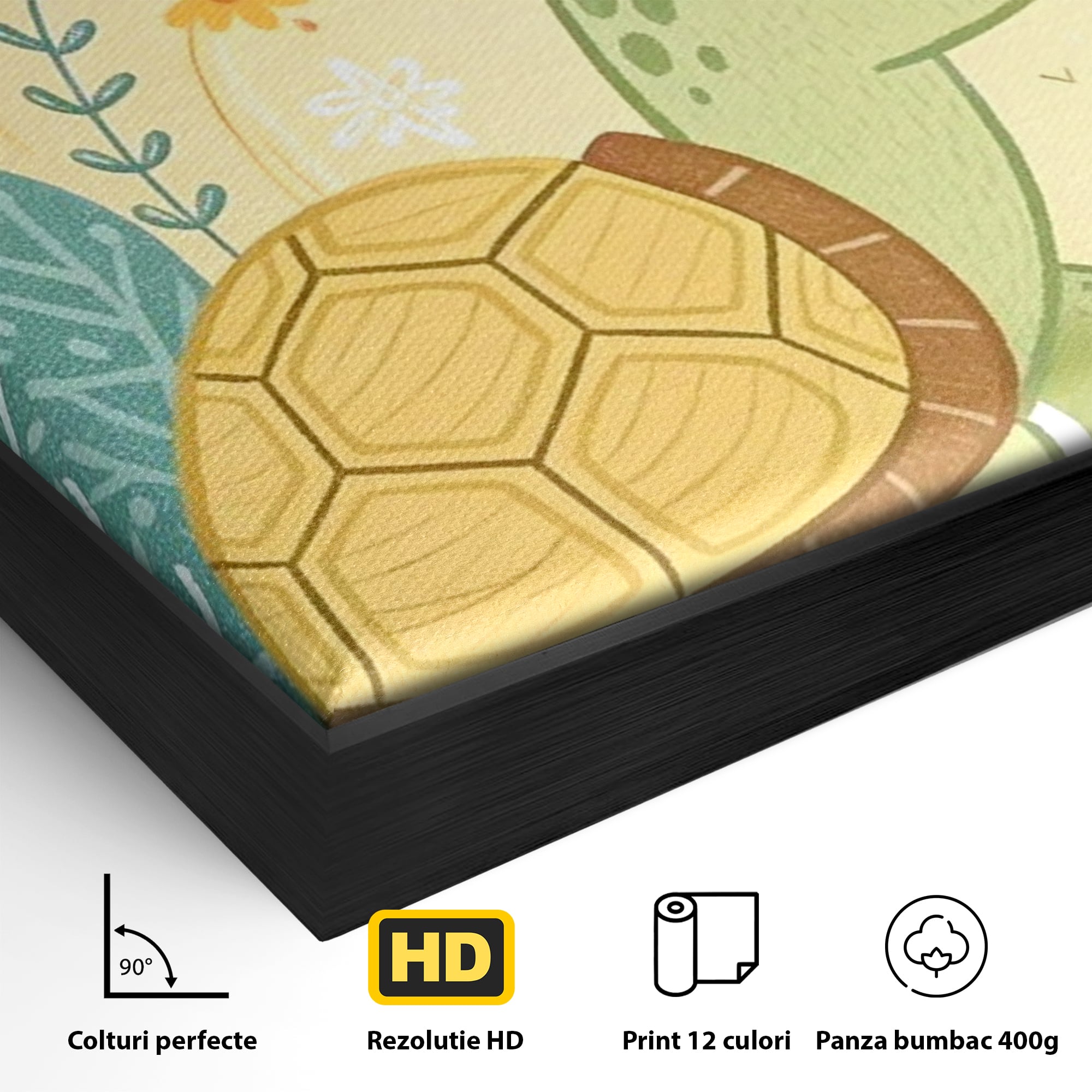 Tablou Canvas Premium, LuxCanva® K1043, Zambet din Carapace, Testoasa, Broasca, Gradina, Aventura, Soare, Curaj, Plimbare, Inimi, Flori, Copilaresc, Natura, Colorat, Camera Copil, Dormitor