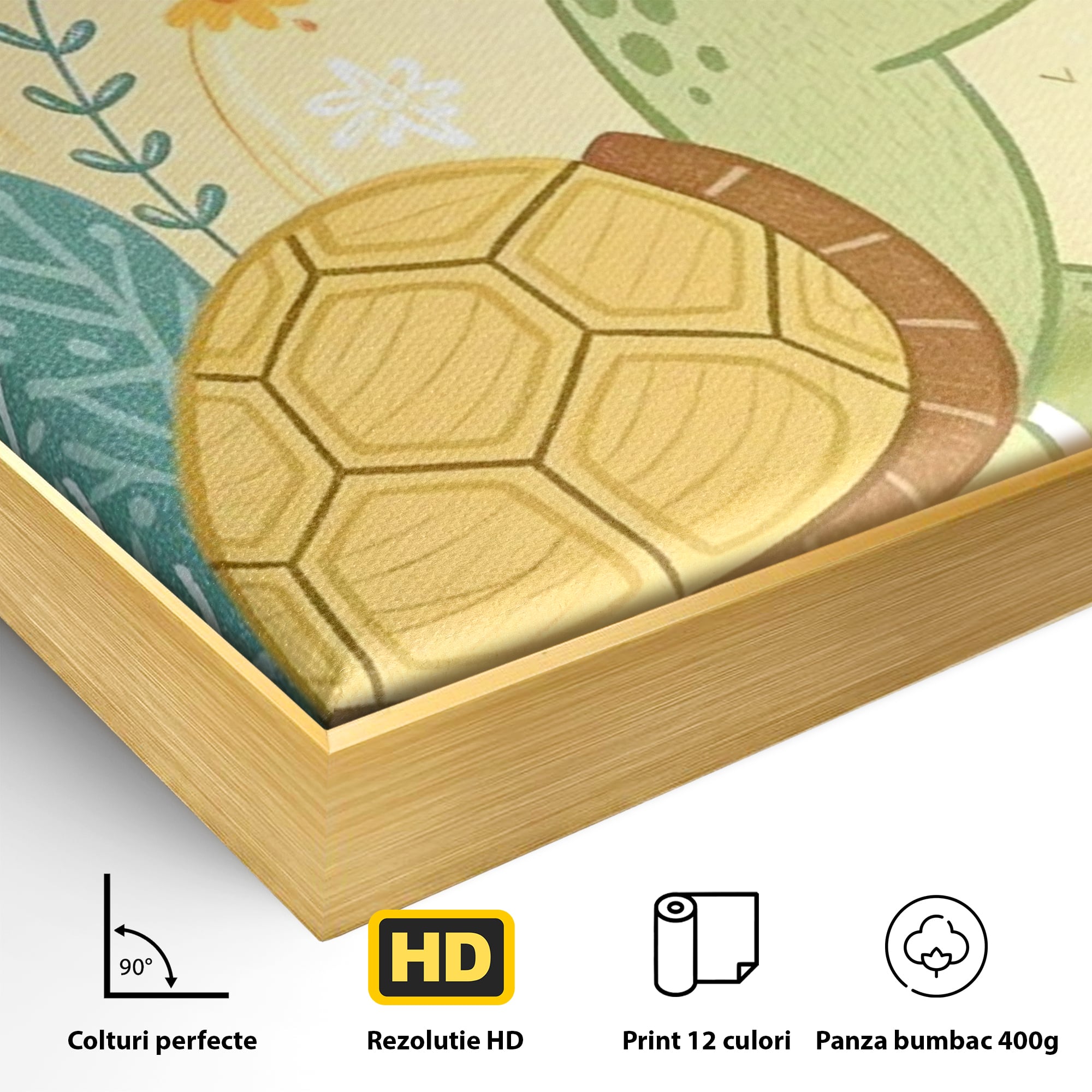 Tablou Canvas Premium, LuxCanva® K1043, Zambet din Carapace, Testoasa, Broasca, Gradina, Aventura, Soare, Curaj, Plimbare, Inimi, Flori, Copilaresc, Natura, Colorat, Camera Copil, Dormitor