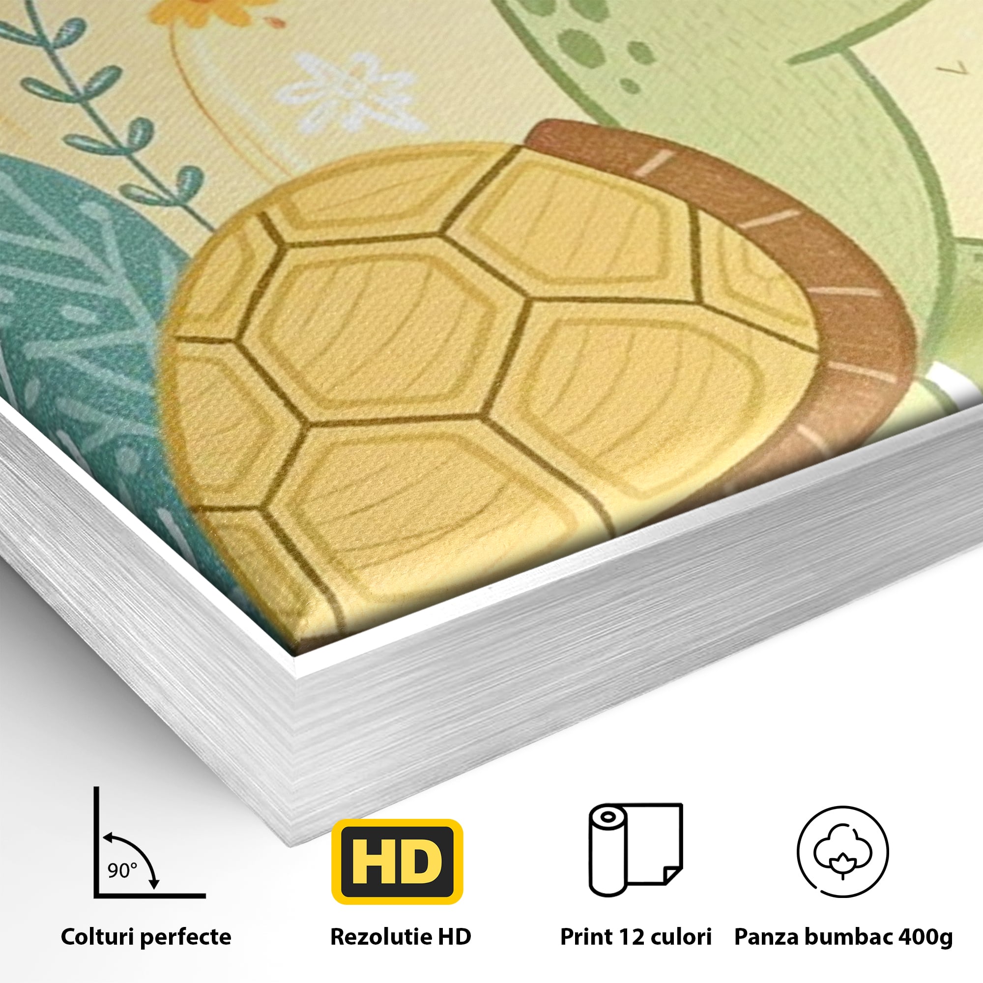 Tablou Canvas Premium, LuxCanva® K1043, Zambet din Carapace, Testoasa, Broasca, Gradina, Aventura, Soare, Curaj, Plimbare, Inimi, Flori, Copilaresc, Natura, Colorat, Camera Copil, Dormitor