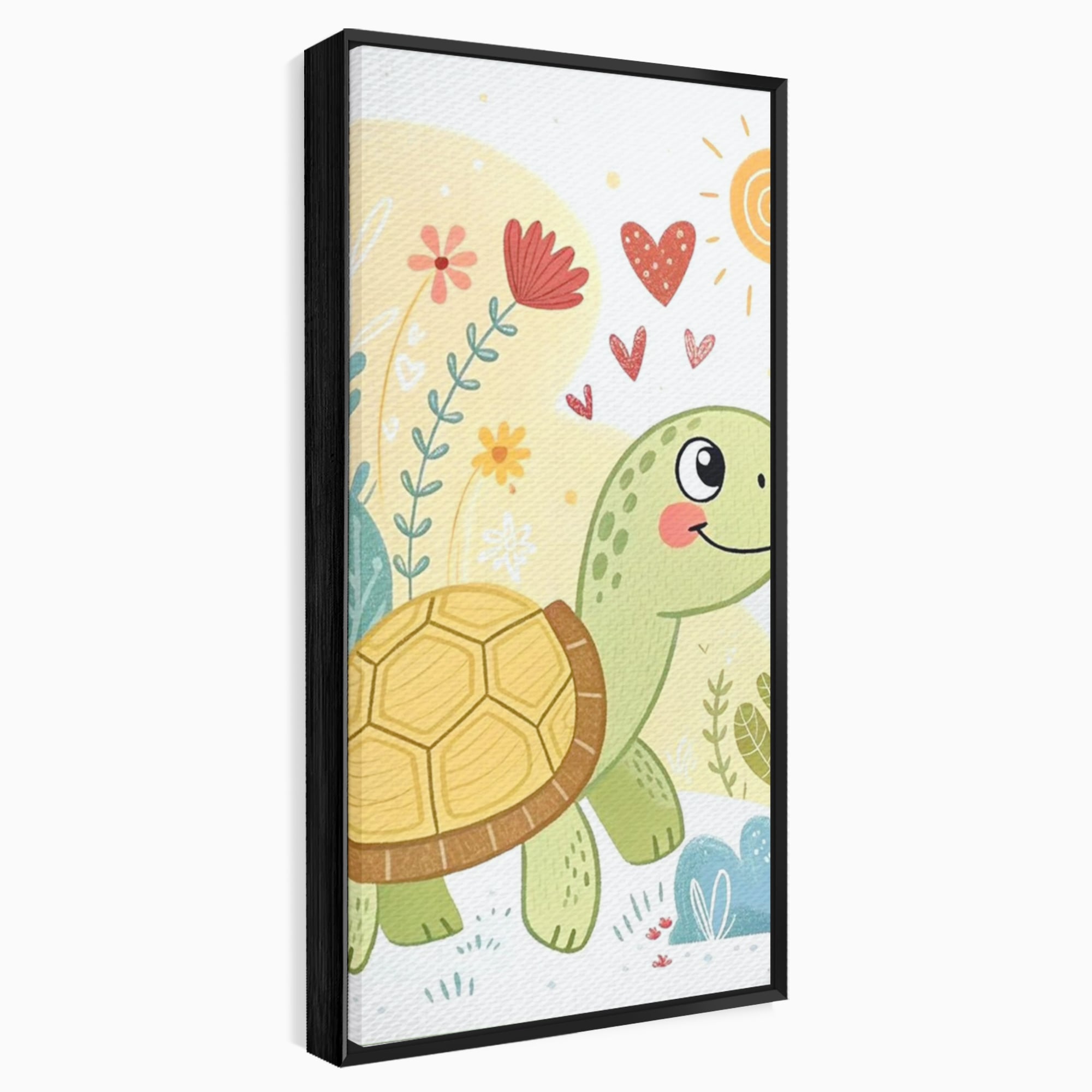 Tablou Canvas Premium, LuxCanva® K1043, Zambet din Carapace, Testoasa, Broasca, Gradina, Aventura, Soare, Curaj, Plimbare, Inimi, Flori, Copilaresc, Natura, Colorat, Camera Copil, Dormitor