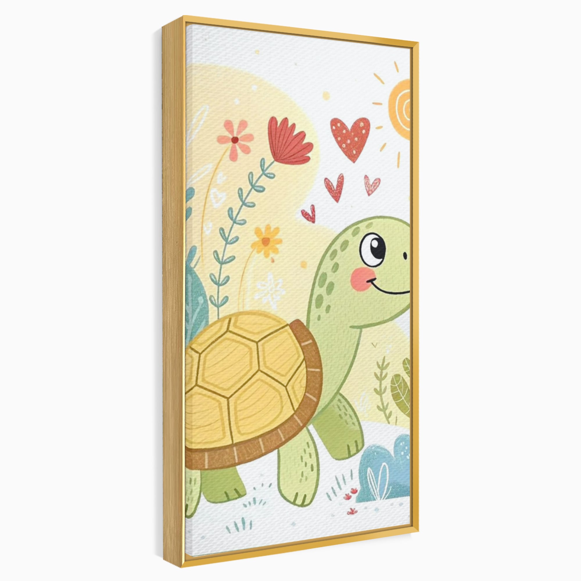 Tablou Canvas Premium, LuxCanva® K1043, Zambet din Carapace, Testoasa, Broasca, Gradina, Aventura, Soare, Curaj, Plimbare, Inimi, Flori, Copilaresc, Natura, Colorat, Camera Copil, Dormitor