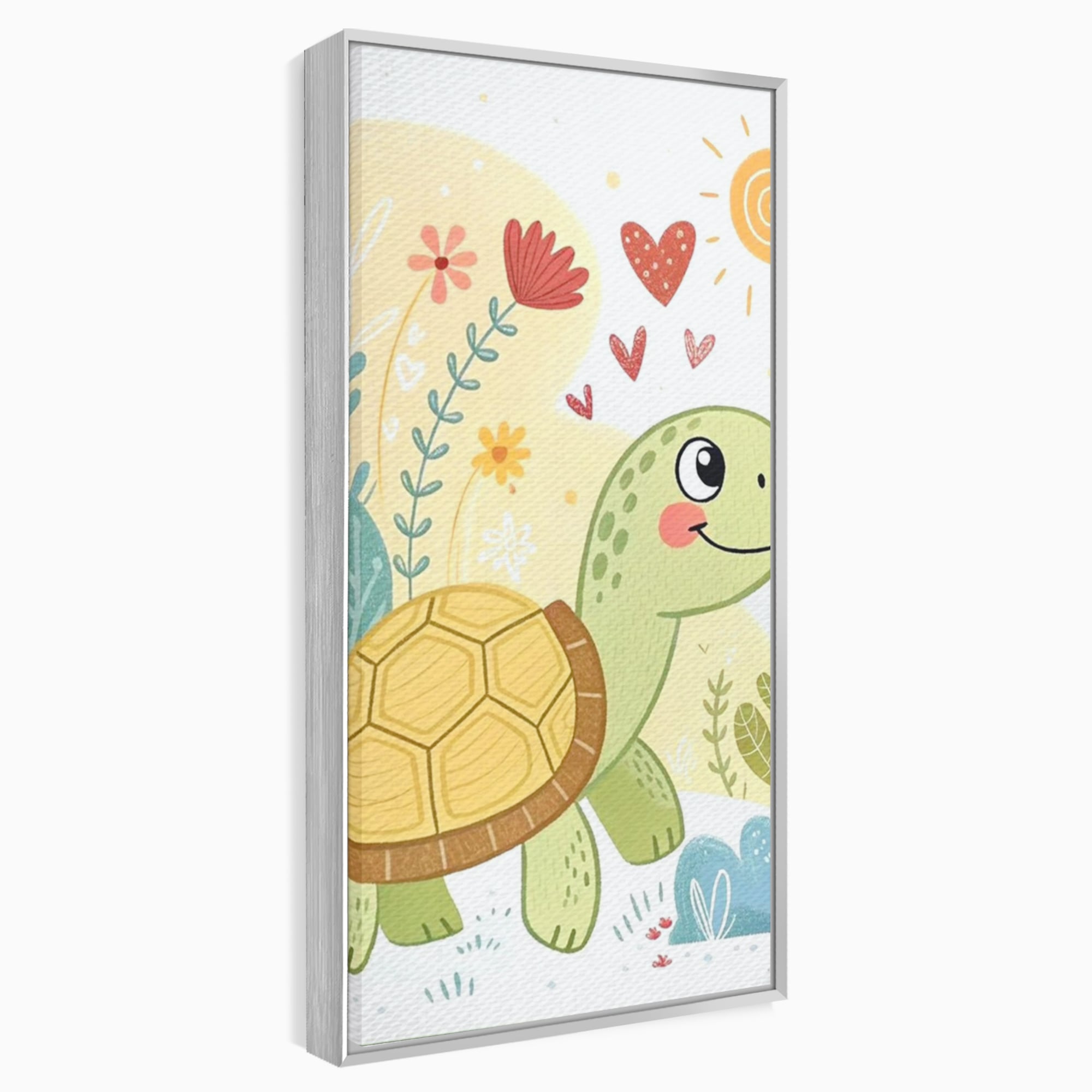 Tablou Canvas Premium, LuxCanva® K1043, Zambet din Carapace, Testoasa, Broasca, Gradina, Aventura, Soare, Curaj, Plimbare, Inimi, Flori, Copilaresc, Natura, Colorat, Camera Copil, Dormitor