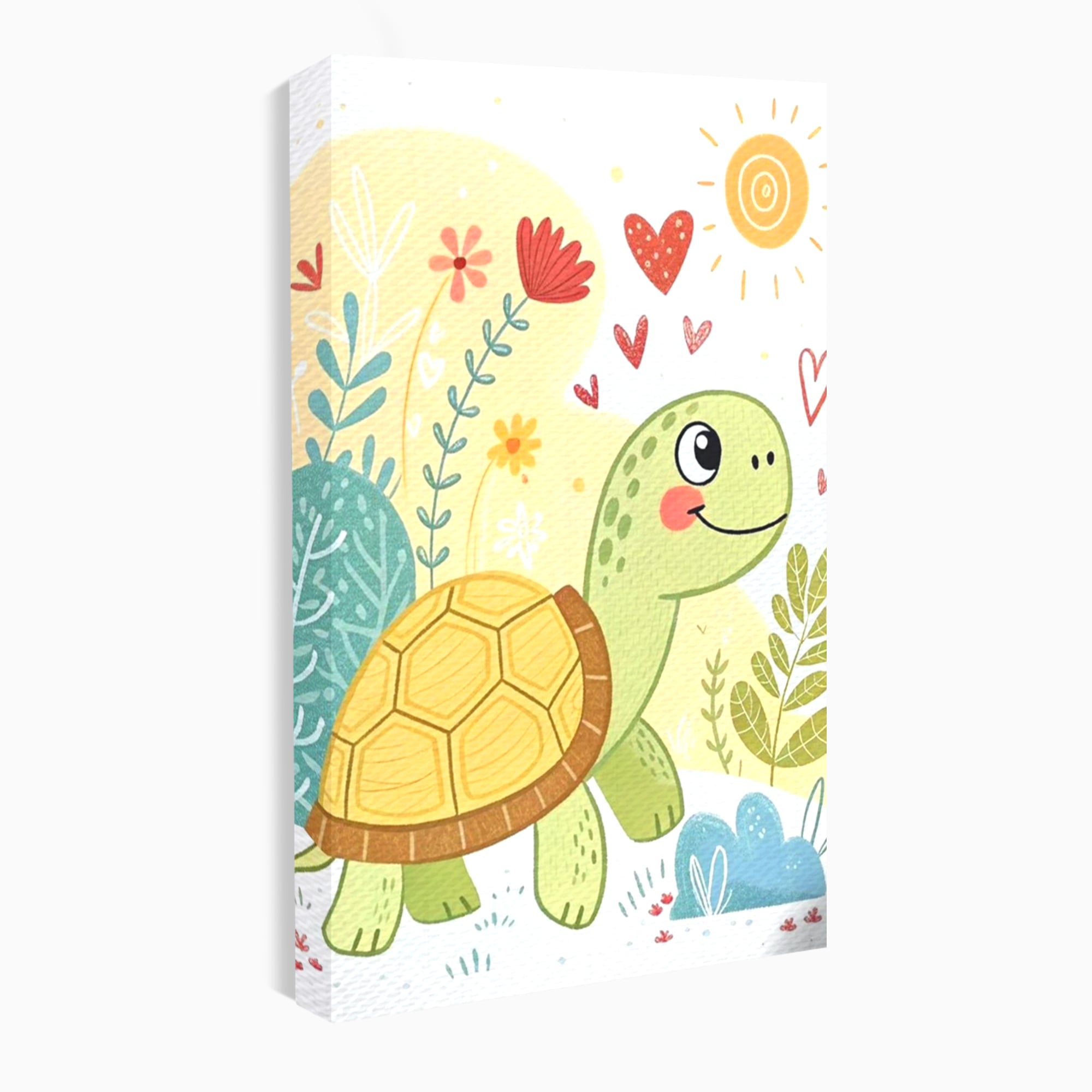 Tablou Canvas Premium, LuxCanva® K1043, Zambet din Carapace, Testoasa, Broasca, Gradina, Aventura, Soare, Curaj, Plimbare, Inimi, Flori, Copilaresc, Natura, Colorat, Camera Copil, Dormitor