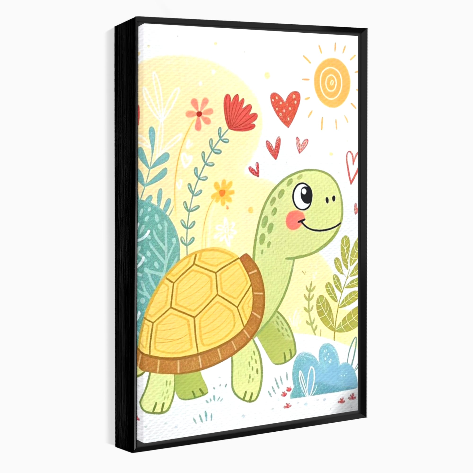 Tablou Canvas Premium, LuxCanva® K1043, Zambet din Carapace, Testoasa, Broasca, Gradina, Aventura, Soare, Curaj, Plimbare, Inimi, Flori, Copilaresc, Natura, Colorat, Camera Copil, Dormitor
