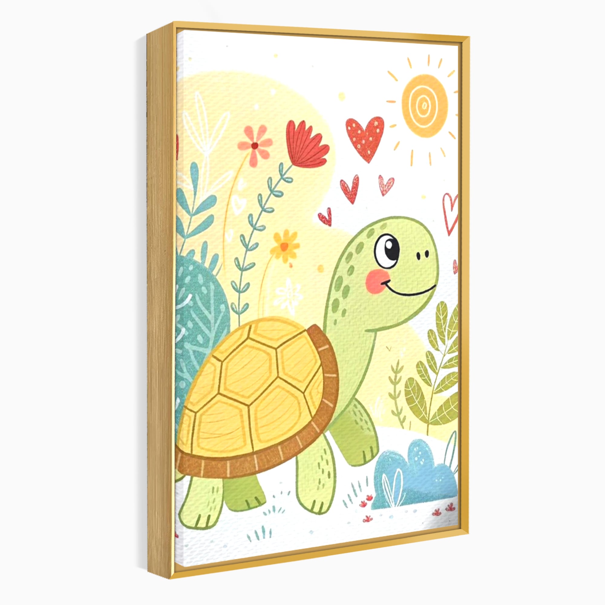 Tablou Canvas Premium, LuxCanva® K1043, Zambet din Carapace, Testoasa, Broasca, Gradina, Aventura, Soare, Curaj, Plimbare, Inimi, Flori, Copilaresc, Natura, Colorat, Camera Copil, Dormitor