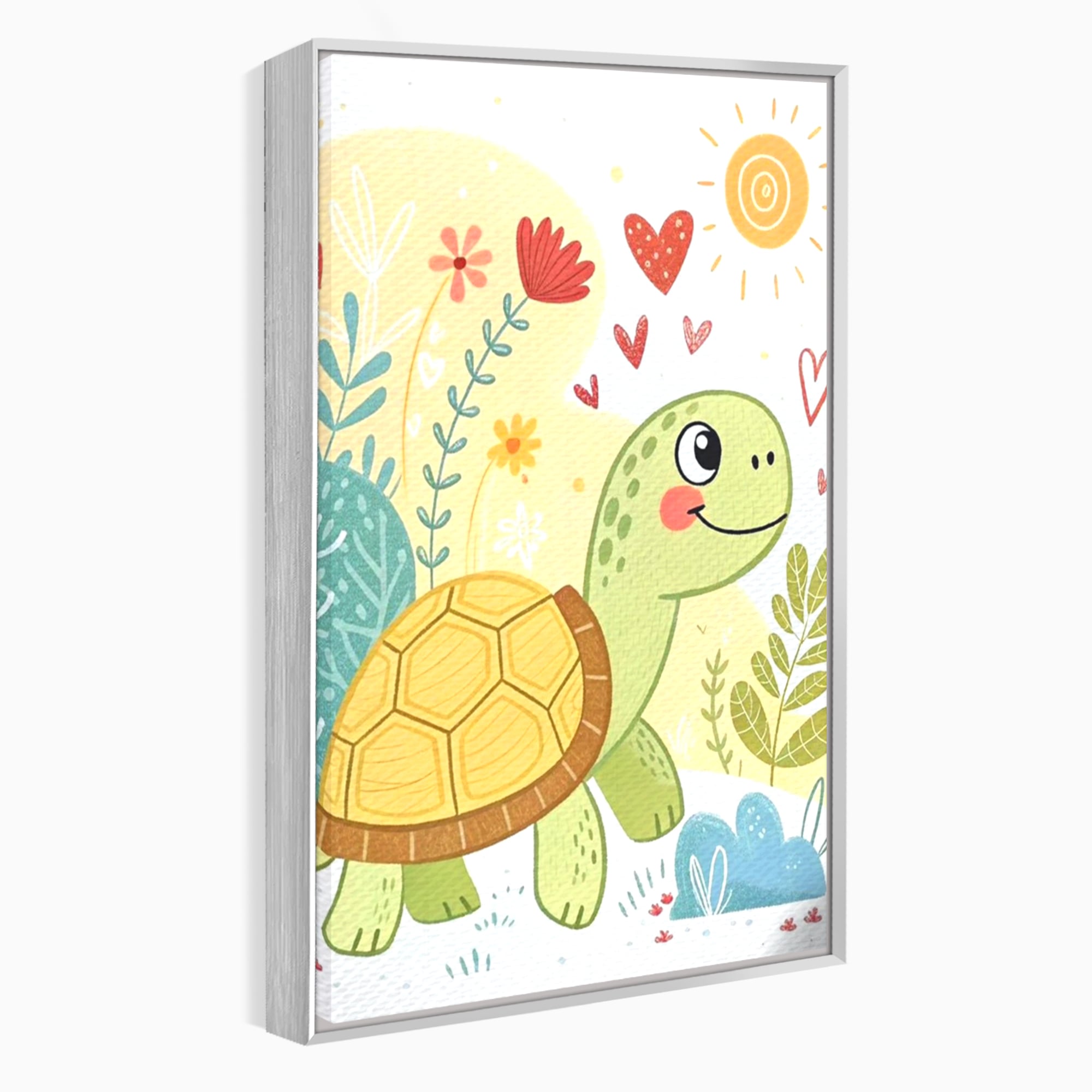 Tablou Canvas Premium, LuxCanva® K1043, Zambet din Carapace, Testoasa, Broasca, Gradina, Aventura, Soare, Curaj, Plimbare, Inimi, Flori, Copilaresc, Natura, Colorat, Camera Copil, Dormitor