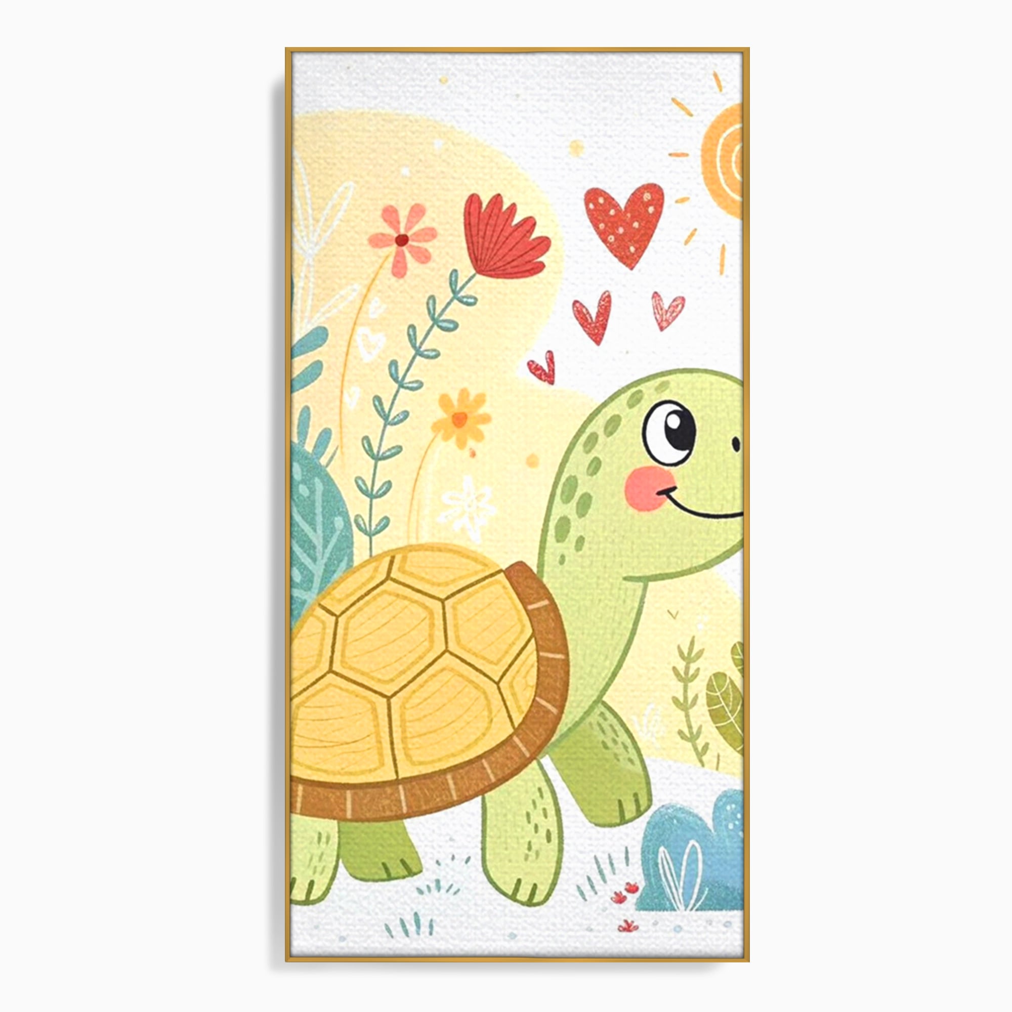 Tablou Canvas Premium, LuxCanva® K1043, Zambet din Carapace, Testoasa, Broasca, Gradina, Aventura, Soare, Curaj, Plimbare, Inimi, Flori, Copilaresc, Natura, Colorat, Camera Copil, Dormitor