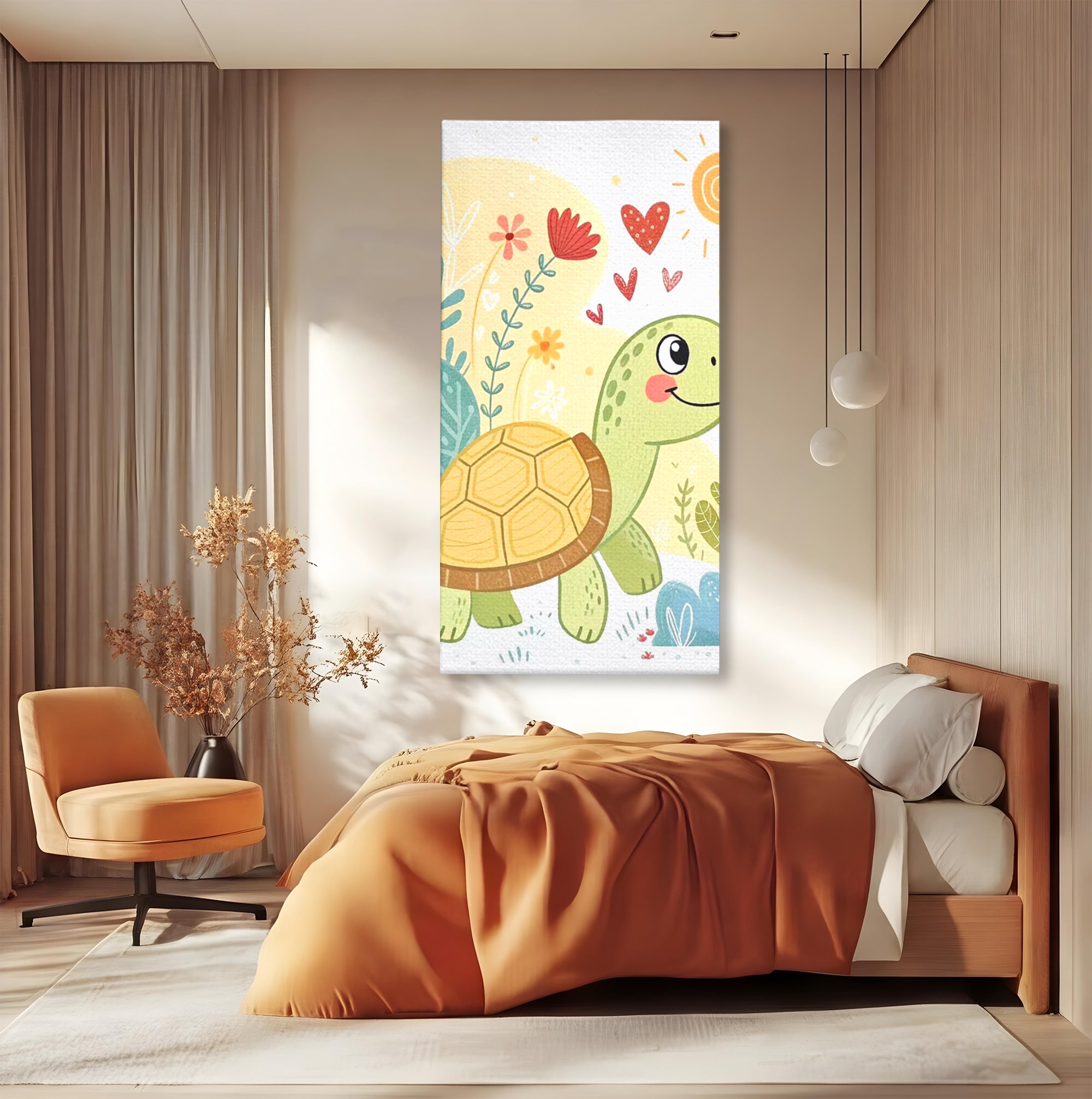 Tablou Canvas Premium, LuxCanva® K1043, Zambet din Carapace, Testoasa, Broasca, Gradina, Aventura, Soare, Curaj, Plimbare, Inimi, Flori, Copilaresc, Natura, Colorat, Camera Copil, Dormitor