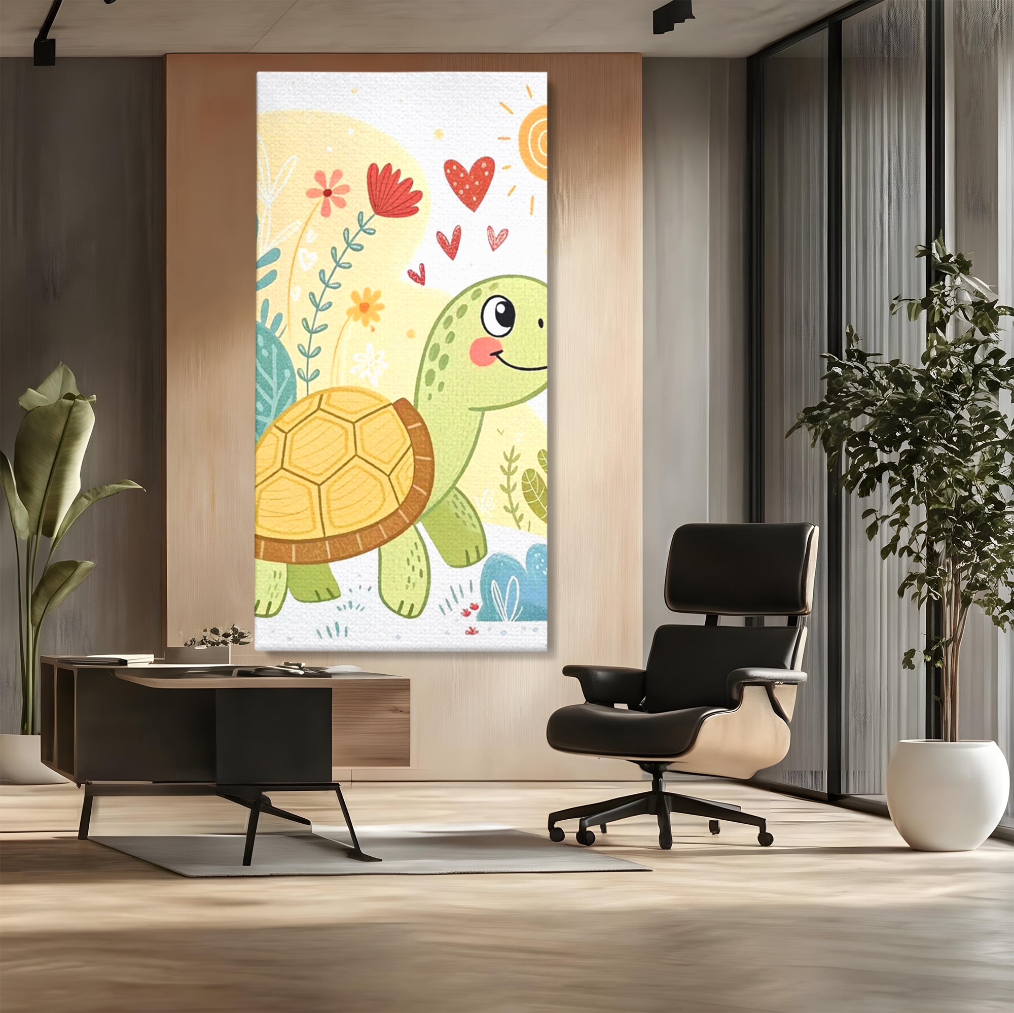 Tablou Canvas Premium, LuxCanva® K1043, Zambet din Carapace, Testoasa, Broasca, Gradina, Aventura, Soare, Curaj, Plimbare, Inimi, Flori, Copilaresc, Natura, Colorat, Camera Copil, Dormitor