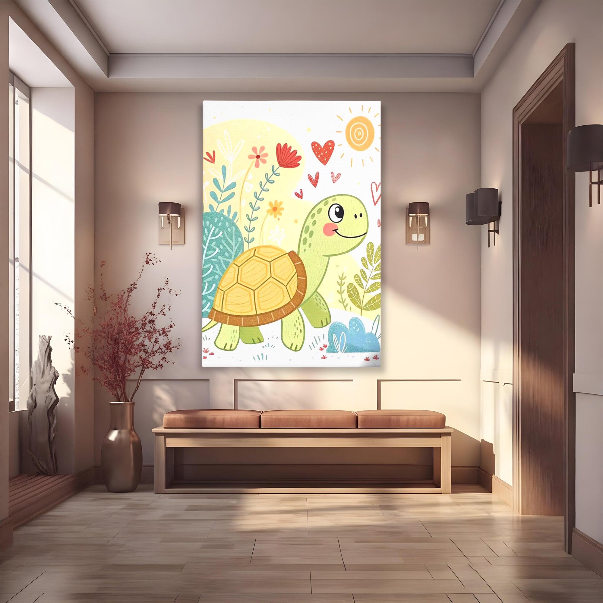 Tablou Canvas Premium, LuxCanva® K1043, Zambet din Carapace, Testoasa, Broasca, Gradina, Aventura, Soare, Curaj, Plimbare, Inimi, Flori, Copilaresc, Natura, Colorat, Camera Copil, Dormitor