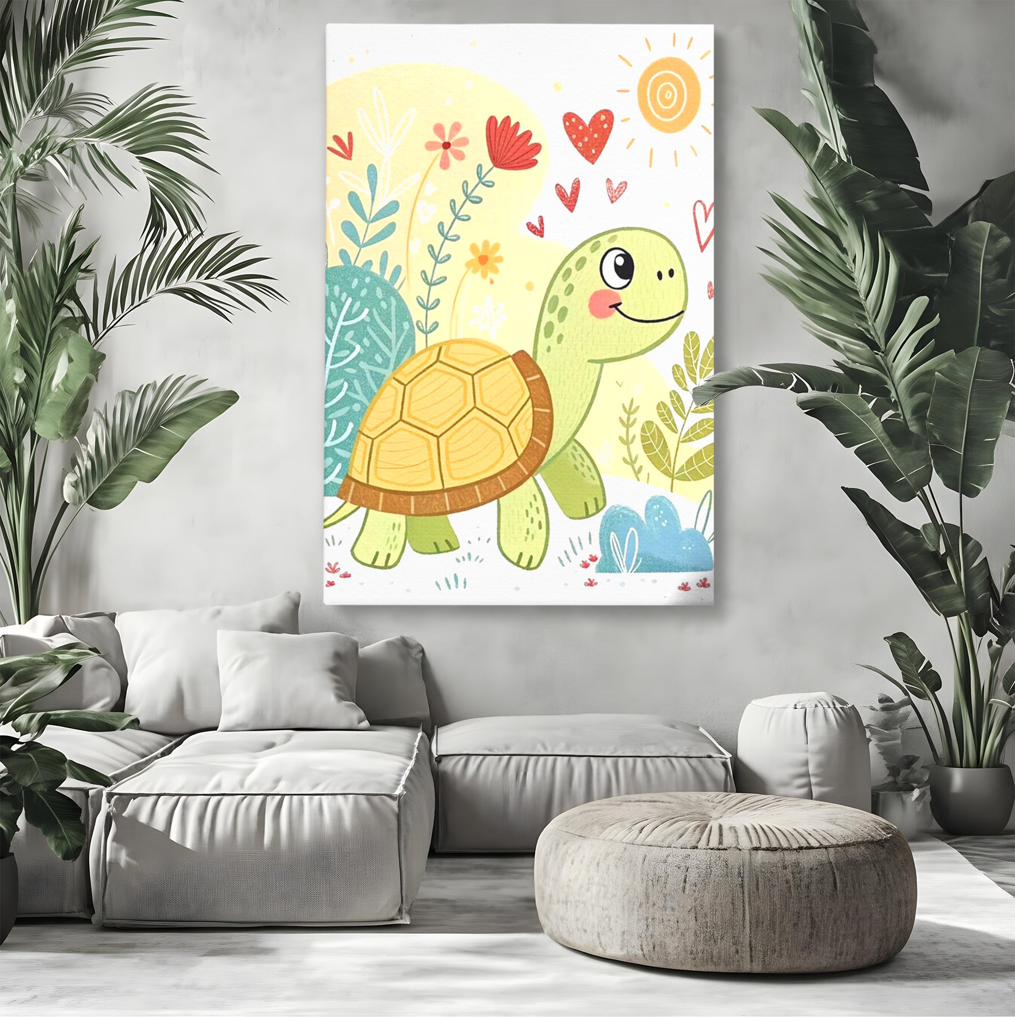 Tablou Canvas Premium, LuxCanva® K1043, Zambet din Carapace, Testoasa, Broasca, Gradina, Aventura, Soare, Curaj, Plimbare, Inimi, Flori, Copilaresc, Natura, Colorat, Camera Copil, Dormitor