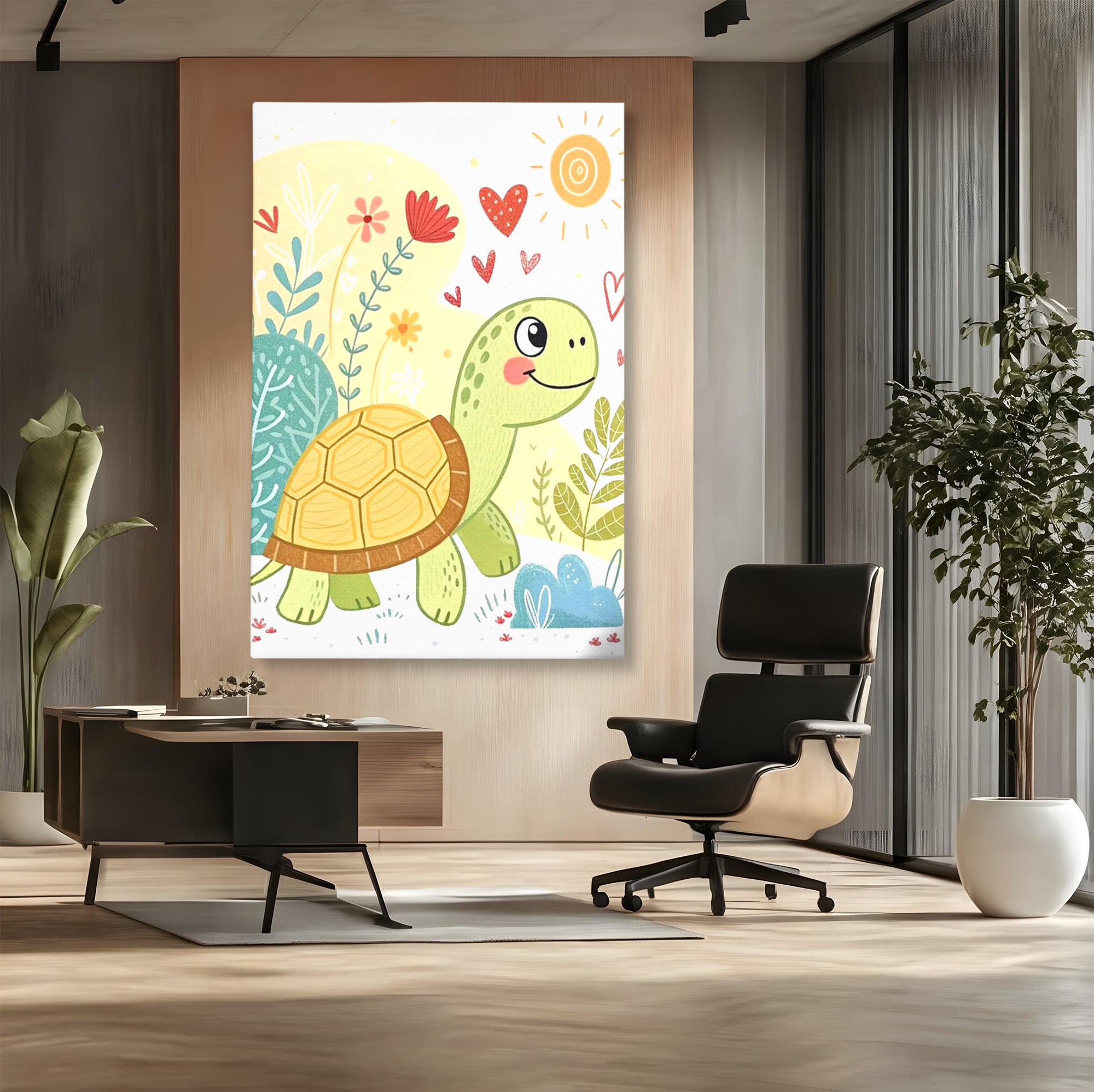 Tablou Canvas Premium, LuxCanva® K1043, Zambet din Carapace, Testoasa, Broasca, Gradina, Aventura, Soare, Curaj, Plimbare, Inimi, Flori, Copilaresc, Natura, Colorat, Camera Copil, Dormitor